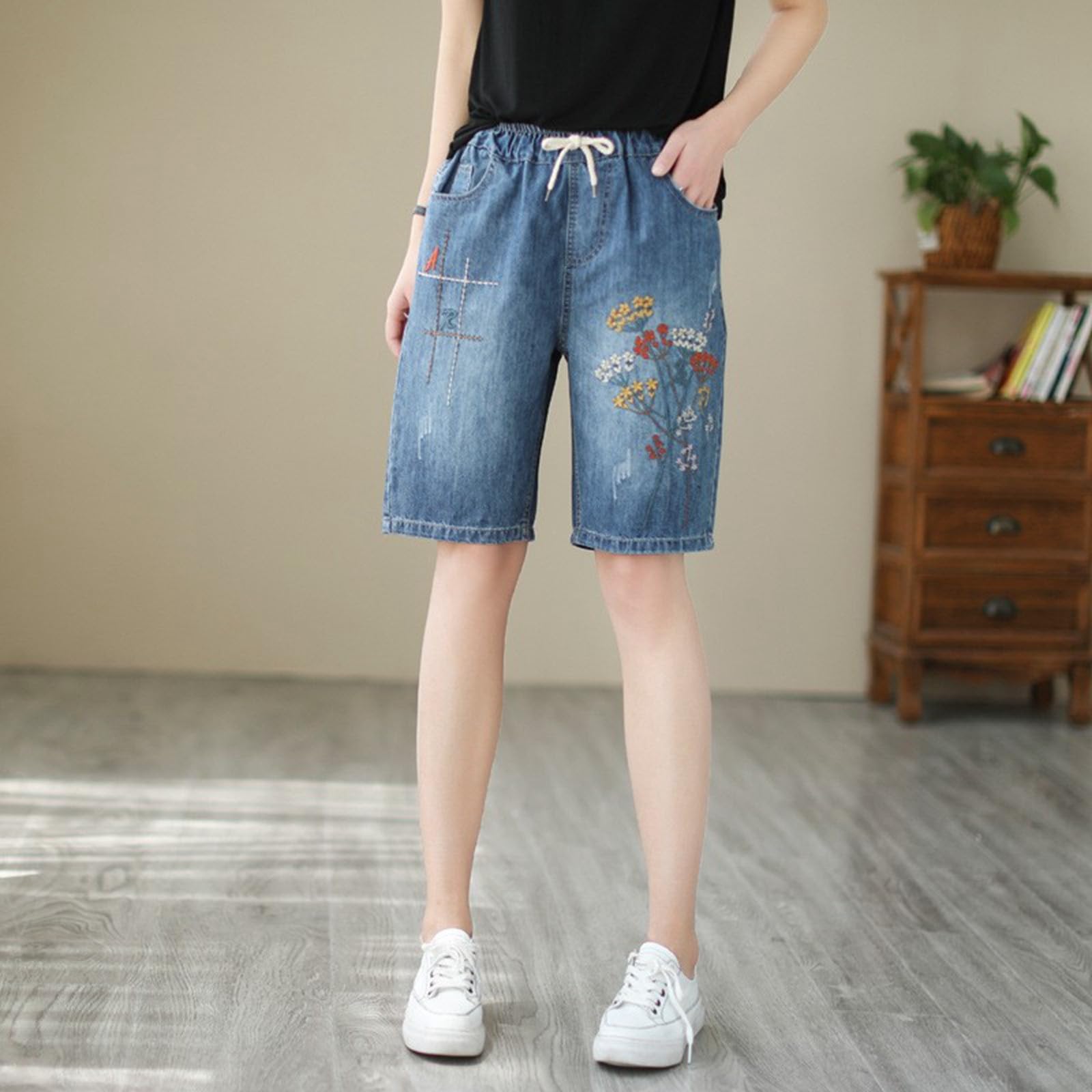 Women's Relaxed Fit Jean Shorts - High Rise Boyfriend Denim Shorts with Embroidered Details | Y2K Retro Style for Summer 2024 | Perfect for Casual Outings, Beach Trips & Music Festivals