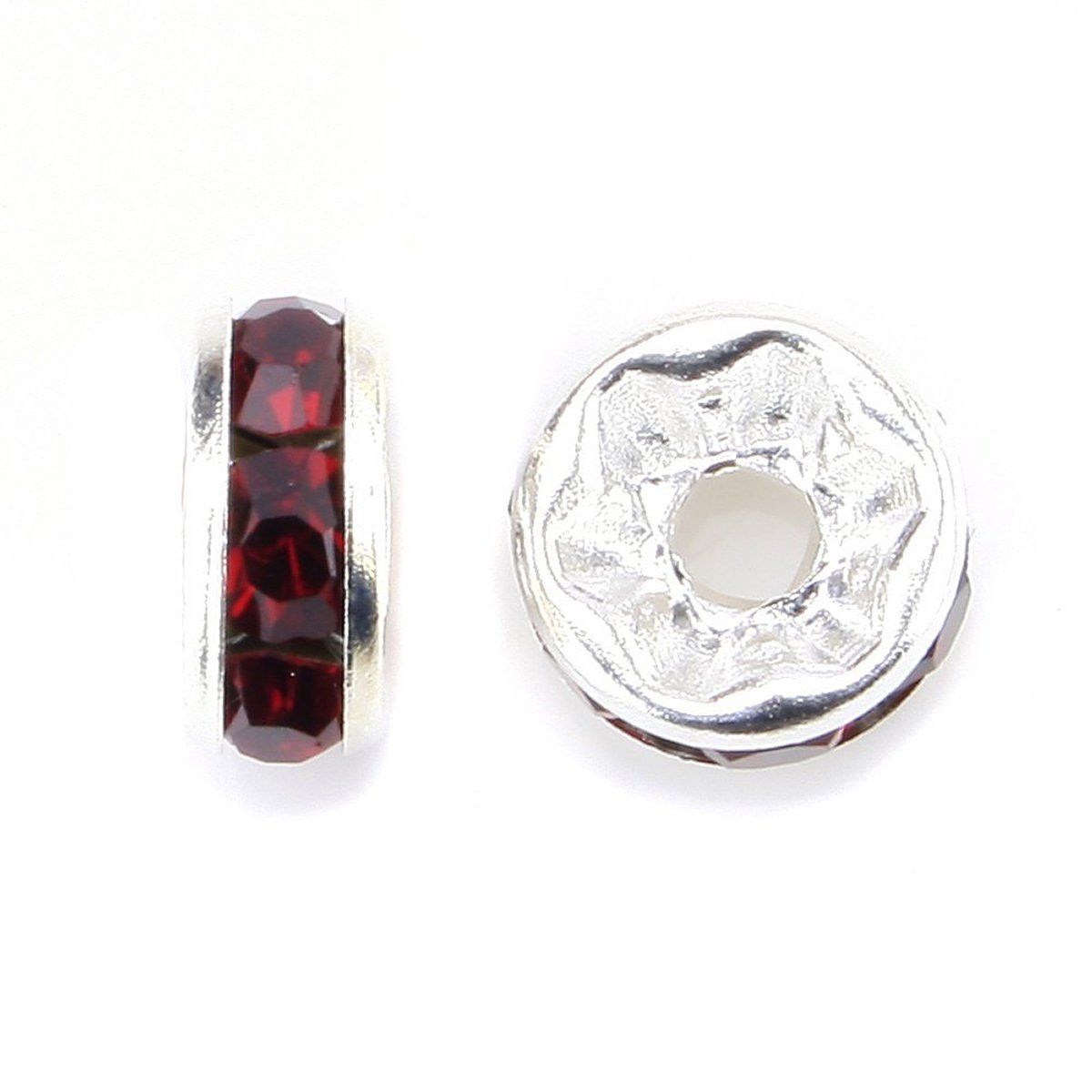 100pcs AAA Grade 8mm (0.31 Inch) Siam Red Rhinestone Rondelle Beads - Silver Plated Brass Spacer Crystal Beads for DIY Jewelry Making, Crafting, Bracelets & Necklace Designs - Perfect for Wedding, Party & Fashion Accessories