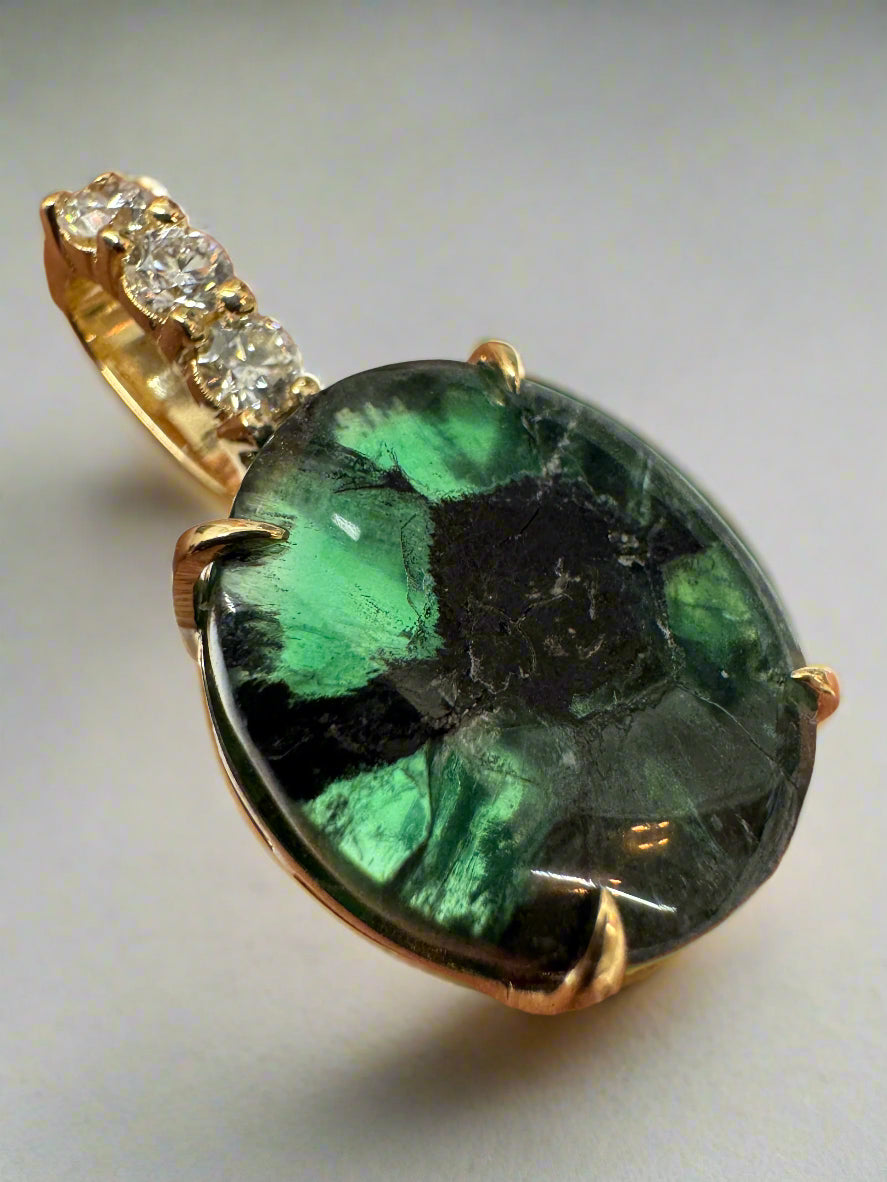 12.32tcw Oval Trapiche Colombian Emerald & Diamond Accented 18K Gold Pendant Necklace for Women - Elegant Jewelry Gift for Birthday, Anniversary & Special Occasions