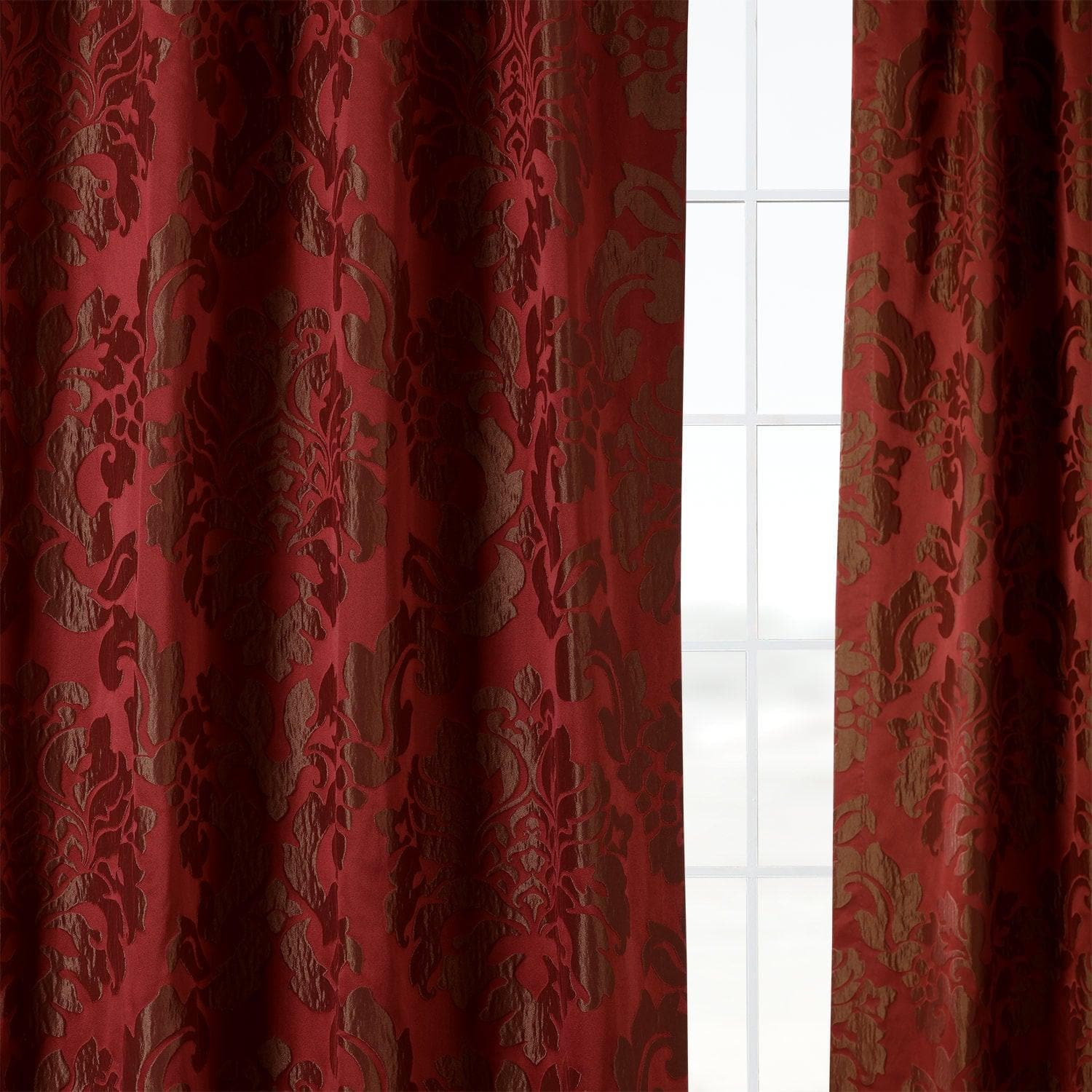 Astoria Red & Bronze Damask Faux Silk Jacquard Blackout Curtains - Elegant Window Treatment for Bedroom & Living Room