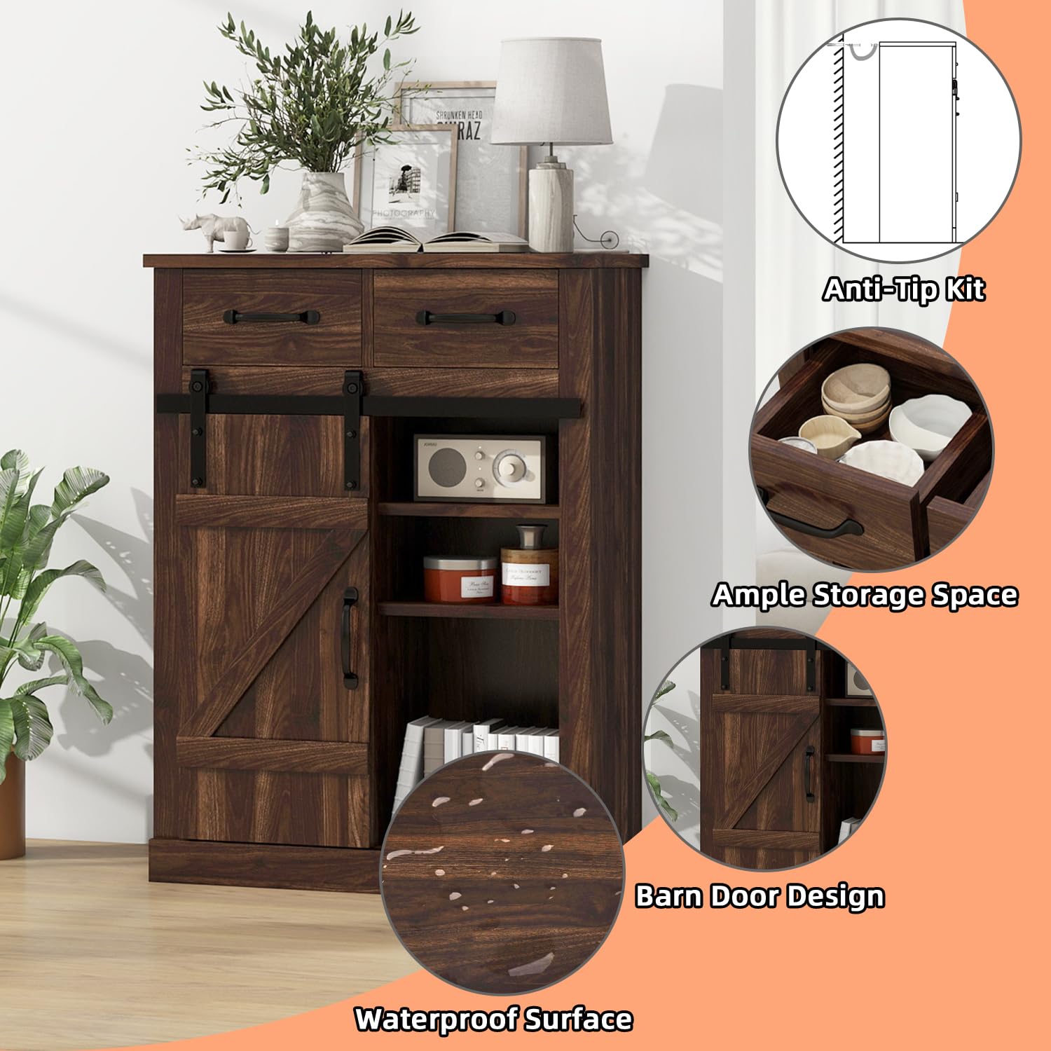 Farmhouse Storage Cabinet - Modern Buffet Sideboard with 2 Drawers & Barn Door, Freestanding Kitchen Pantry & Coffee Bar Cabinet for Dining Room, Living Room, Bathroom, Entryway - Perfect for Rustic Home Decor & Small Space Organization (Brown)