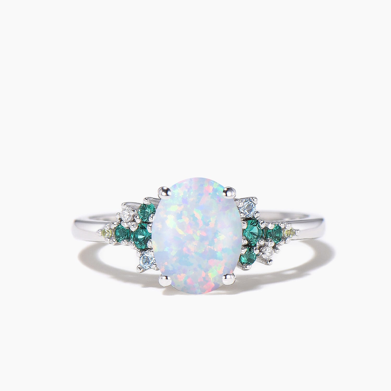 Oval Cut White Opal Engagement Ring - Emerald & Peridot Topaz Cluster Wedding Band for Women | Perfect for Proposals, Anniversaries & Bridal Jewelry