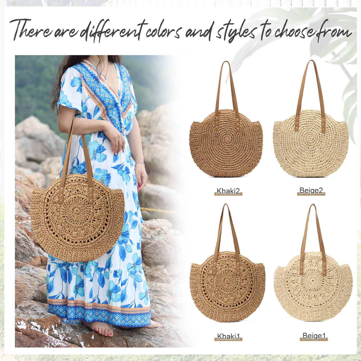 Stylish Women's Straw Round Handwoven Beach Tote Bag - Natural Boho Summer Shoulder Bag for Vacation, Travel, Picnic & Outdoor Activities