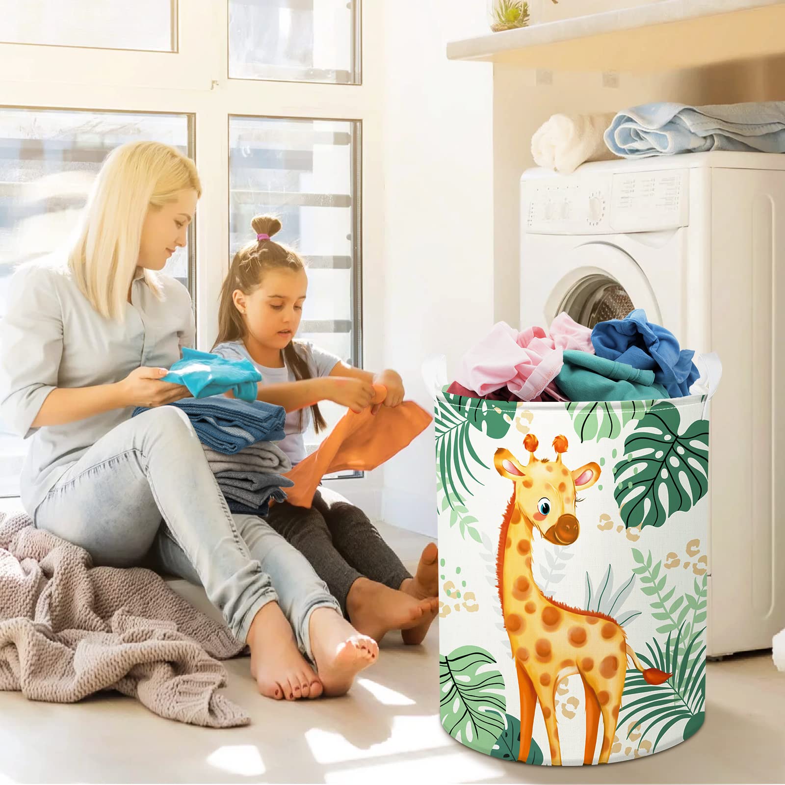 Clastyle Tropical Leaves & Woodland Animal Laundry Basket - Cute Giraffe & Bird Decor, Baby Clothes Hamper, Round Toy Storage Basket for Nursery, Kids Room - Perfect for Baby Shower Gifts & Toddler Organization