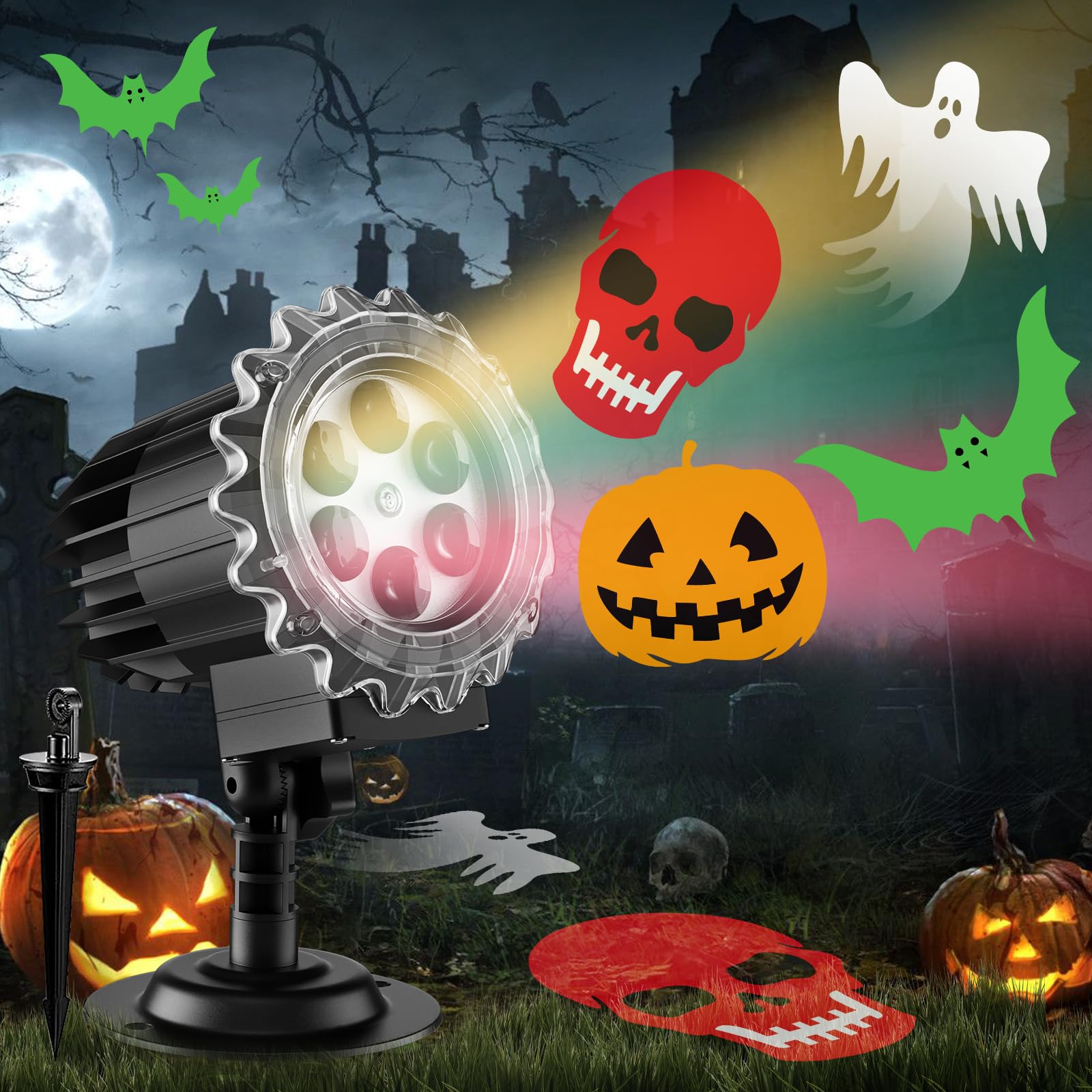 2024 Upgraded Halloween Projector Lights Outdoor - Skeleton Ghost Bats Pumpkin Decor with Brighter LED for House, Window, Garden - Perfect for Halloween Party, Yard Decoration & Spooky Atmosphere