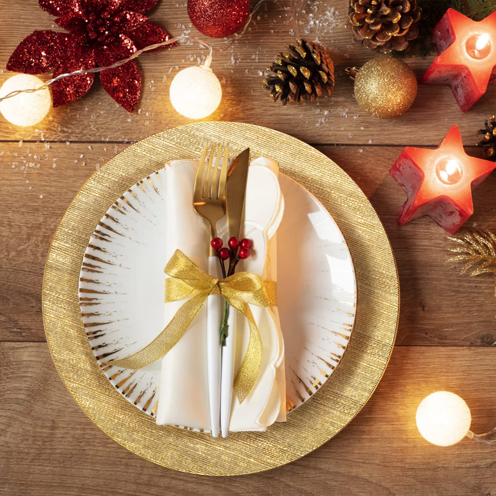 12 Pack Gold Charger Plates - 13 Inch Round Plastic Dinner Plates with Shiny Foil Finish for Wedding, Easter Party & Holiday Table Decor - Elegant Serving Trays for Formal Dining & Special Occasions