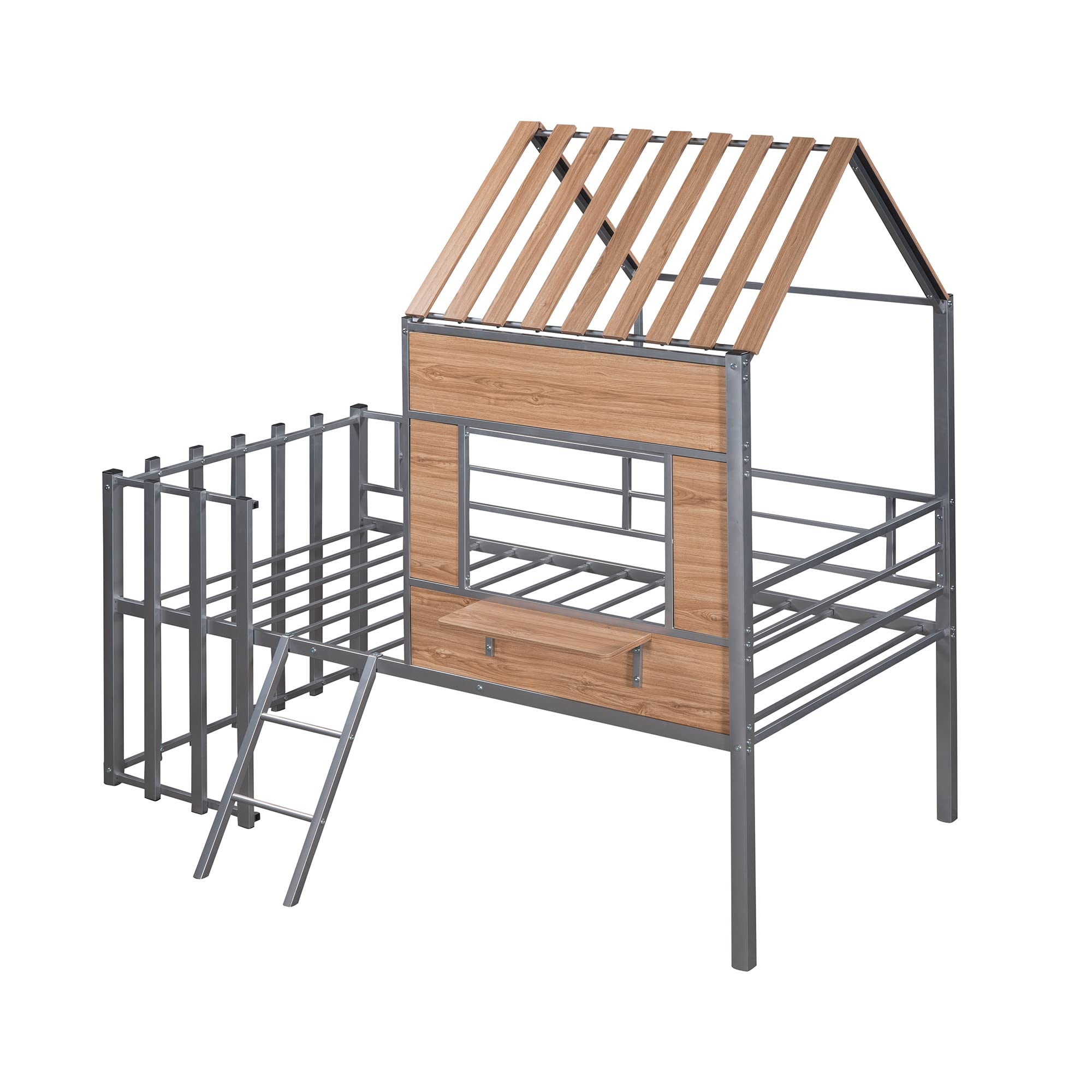 Merax Twin Size Metal Loft Bed for Kids - Sturdy Low Loft Bed Frame with Roof, Window, Safety Guardrail & Ladder - Perfect for Small Bedrooms, Playrooms & Dorm Rooms | Space-Saving Kids Furniture for Sleep & Play