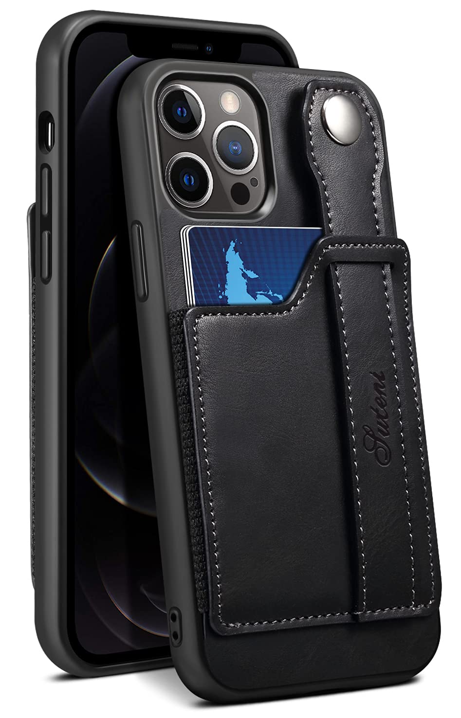 Premium Leather iPhone 12/12 Pro Wallet Case with Card Holder & Kickstand | 6.1 Inch Protective Cover with Built-in Screen Protector & Wrist Strap | Slim RFID Blocking Design for Everyday Use, Travel & Business (Black)
