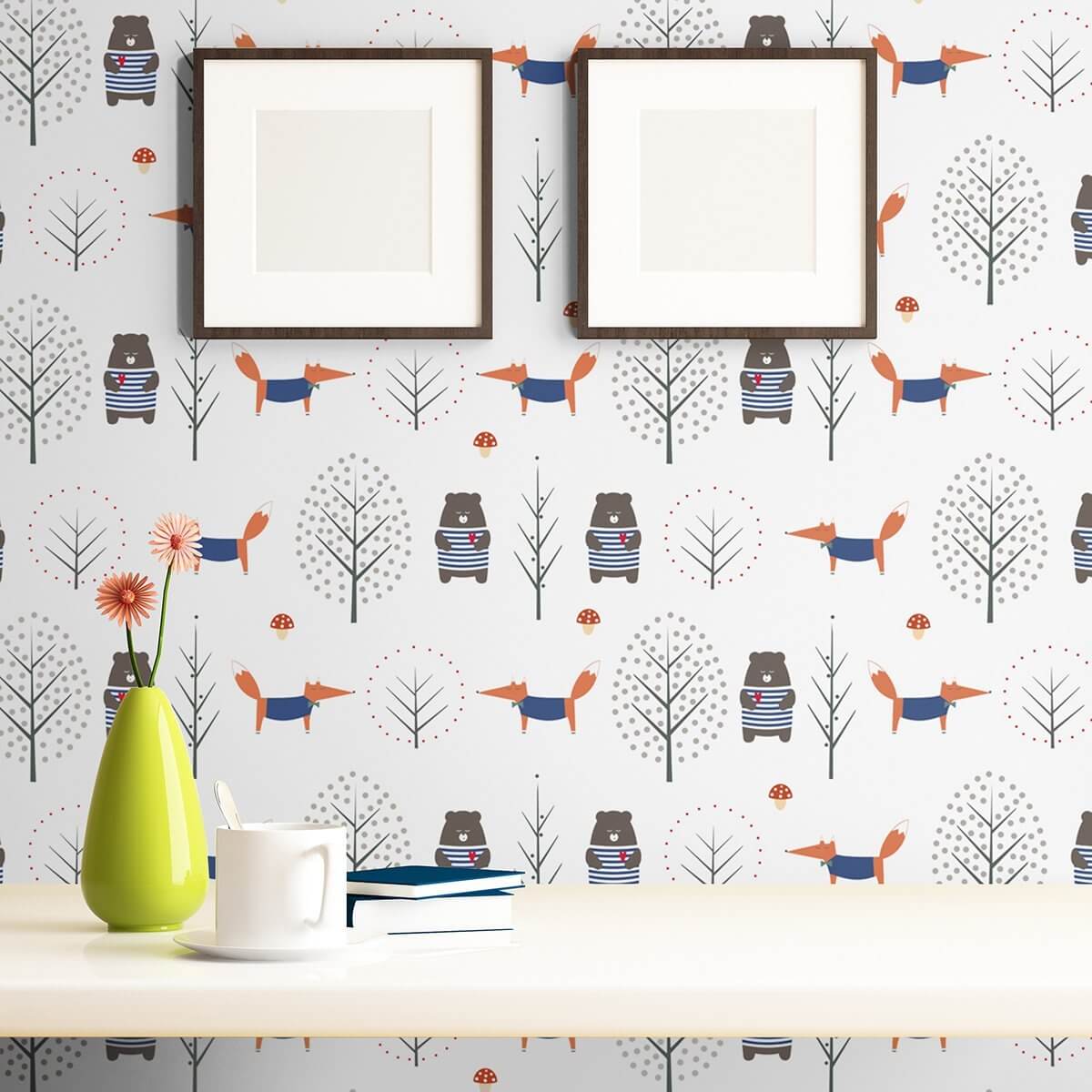 Blue and Orange Animals Baby Peel and Stick Removable Wallpaper - Self-Adhesive Nursery Decor for Kids Room, Bedroom, Playroom