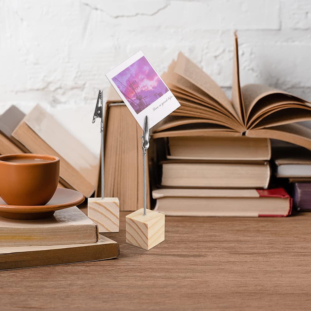 10 PCS Wooden Memo Clips with Alligator Clasps - Lightweight Wooden Cube Base Photo/Note Holders - Perfect for Table Numbers, Place Cards, Memo Display & Picture Frames - Ideal for Weddings, Events, Office & Home Decor
