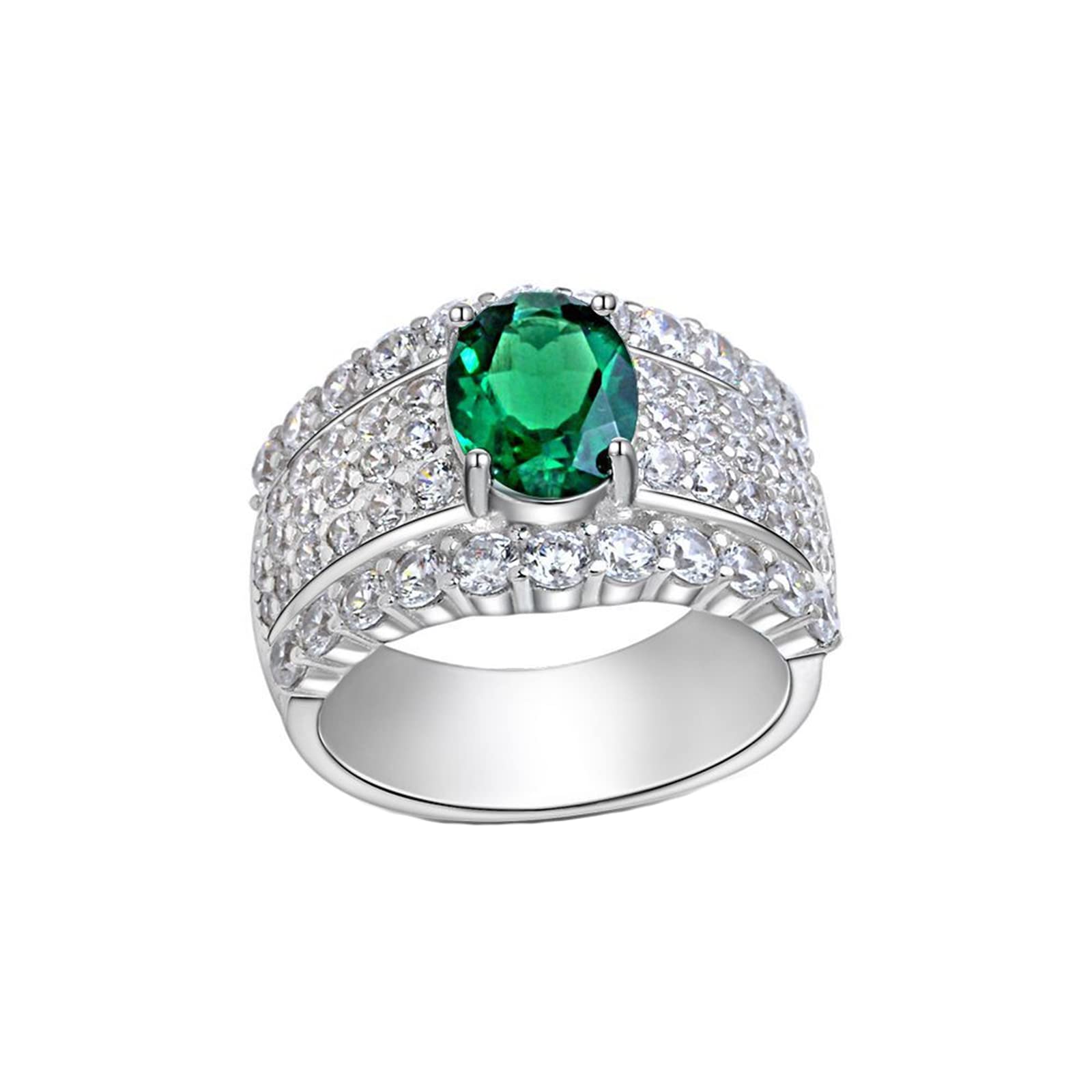 Gualiy 925 Sterling Silver Promise Ring for Women - 9x7mm Created Emerald & Cubic Zirconia Wedding Band, Comfort Fit, Size 5-9 | Perfect for Engagement, Anniversary, Valentine's Day Gift