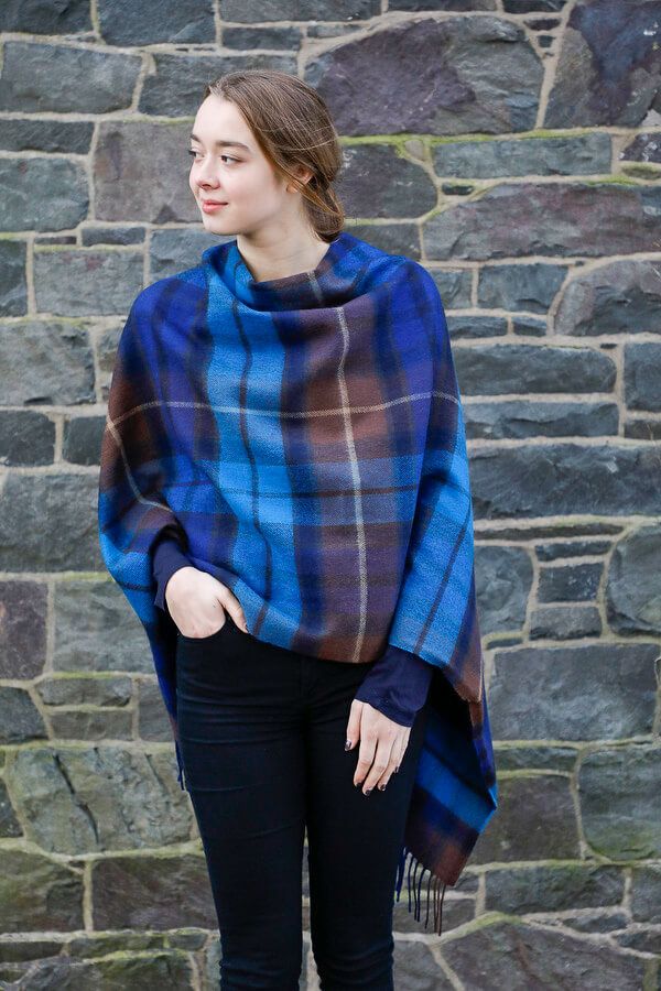 Georgia Buchanan Blue Lambswool Poncho - Soft Wool Wrap Shawl for Women, Winter Cape Coat with Pockets, Cozy Outerwear for Fall & Winter, Perfect for Travel, Office and Casual Outings