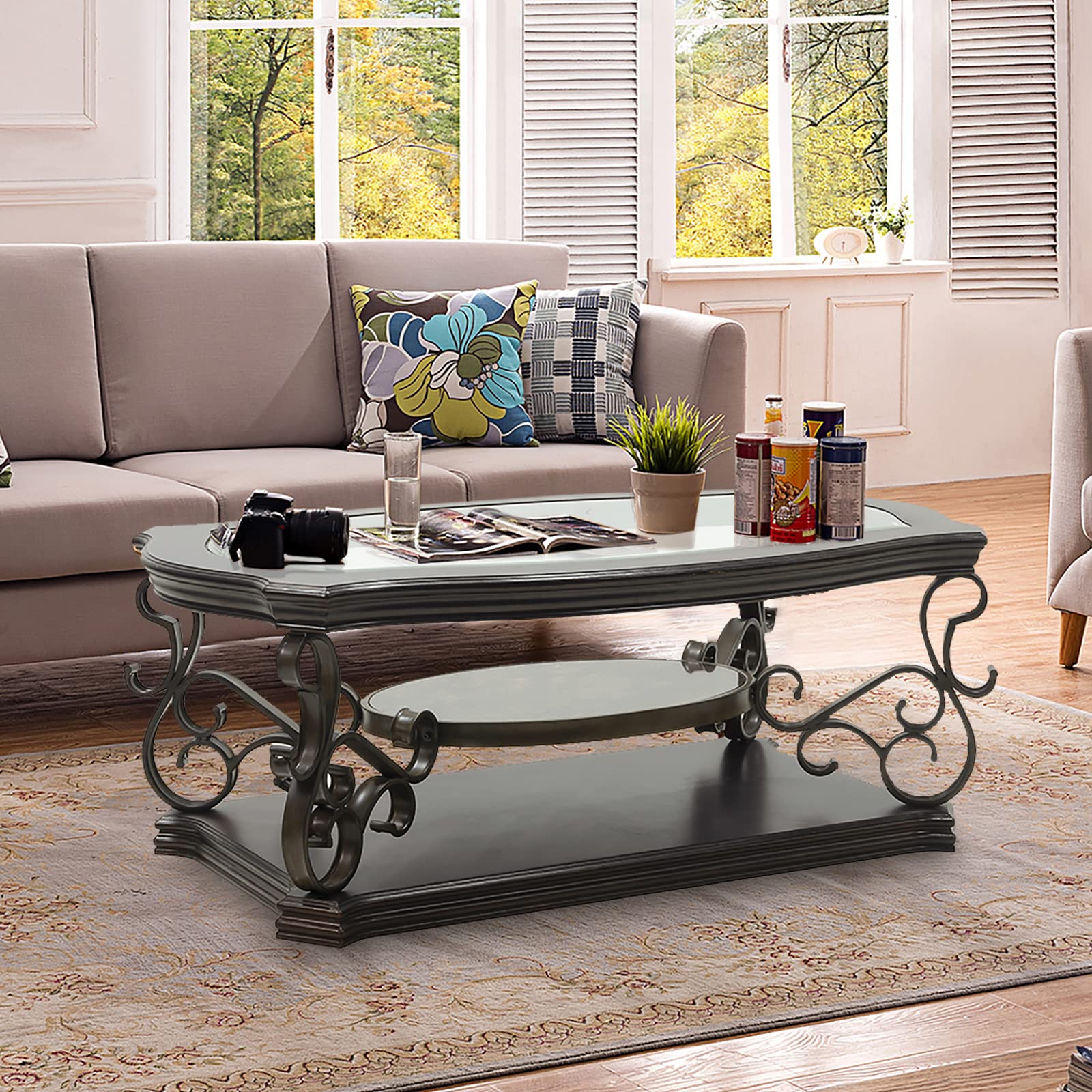 Vintage Round Coffee Table with Tempered Glass Top & Marble Paper Shelf - Traditional Cocktail Side Table for Living Room, Bedroom, Study | Perfect for Entertaining, Reading & Home Decor