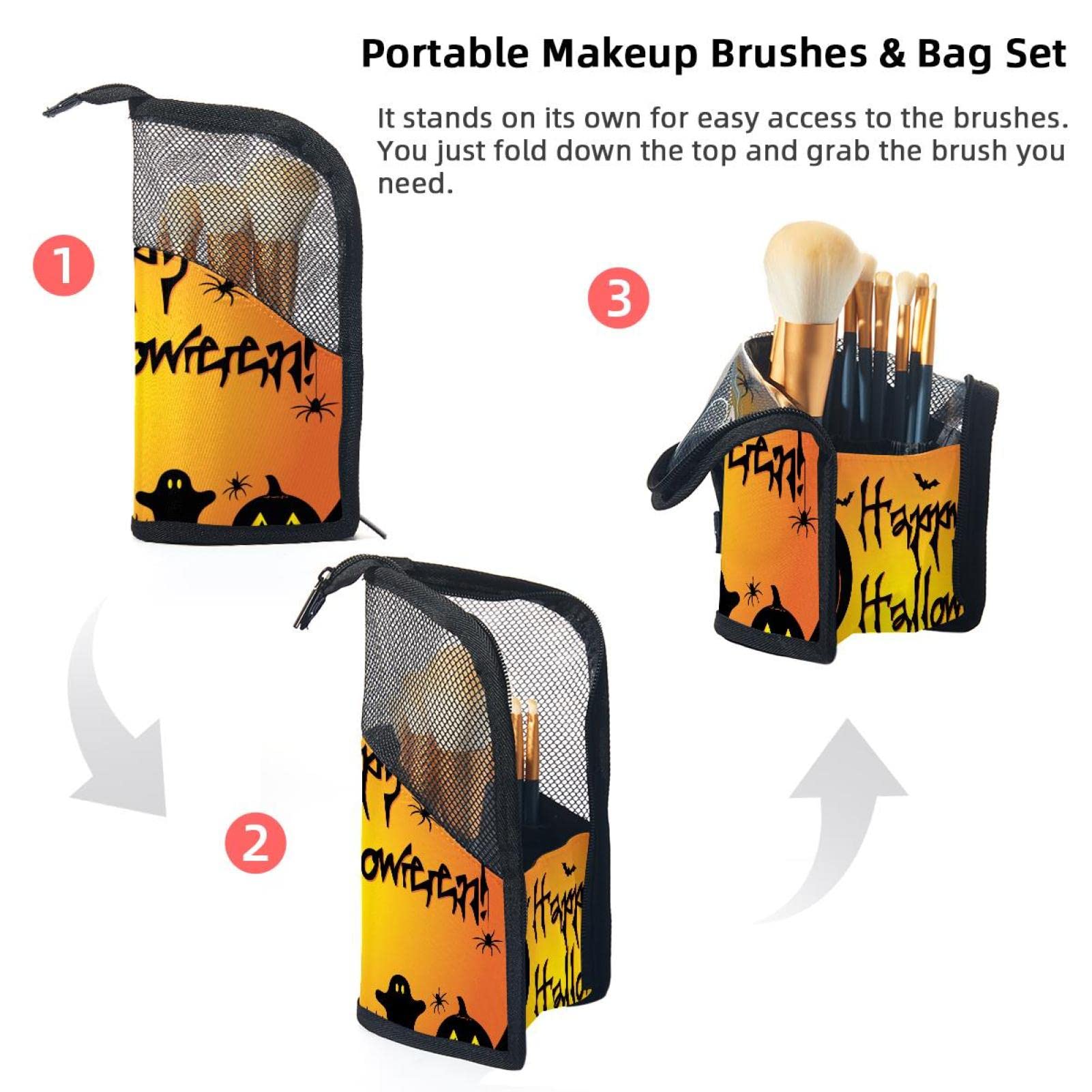 12-Piece Makeup Brush Organizer Bag with Portable Holder Case - Perfect for Halloween Pumpkin Makeup & Travel Storage
