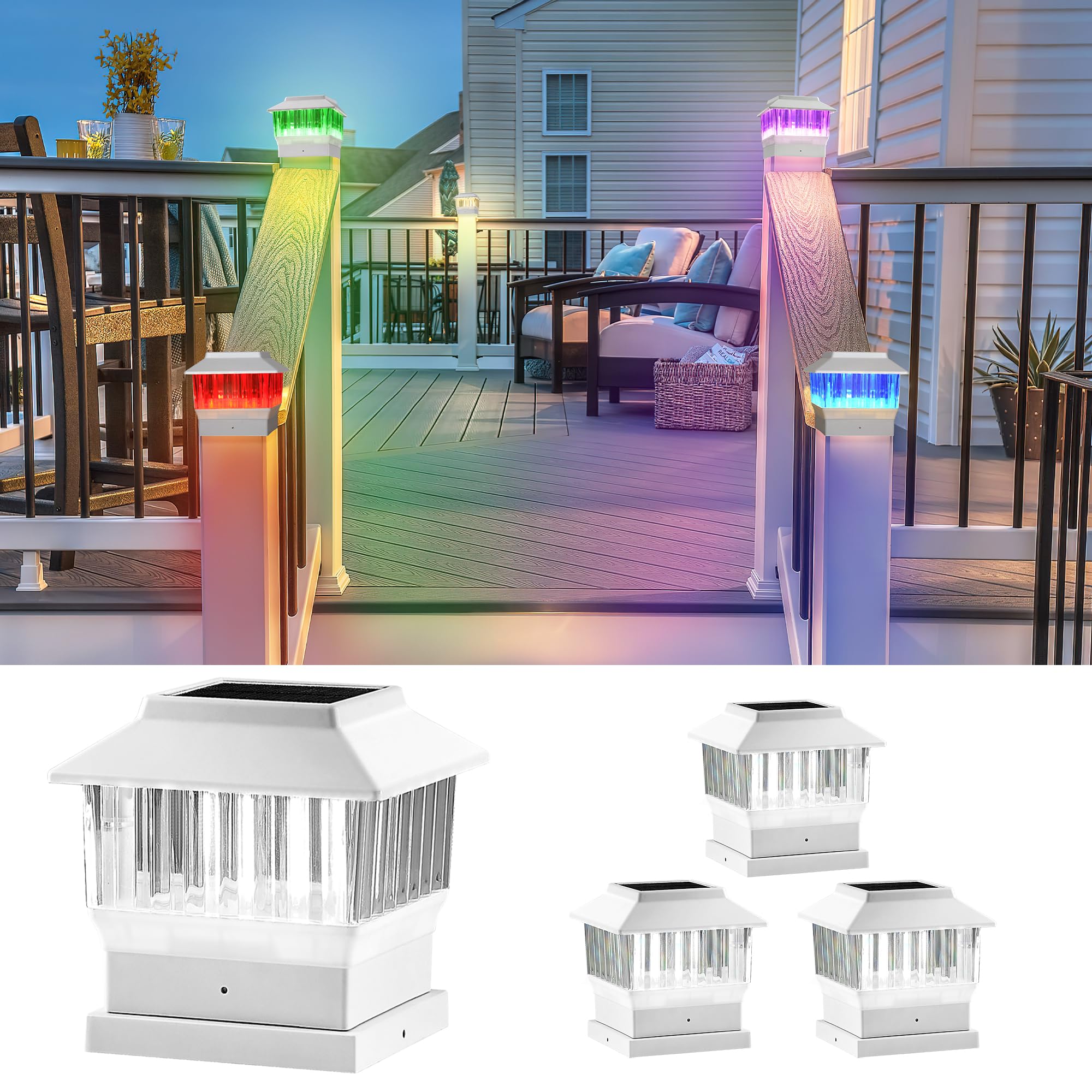 RGB & Warm White Solar Post Cap Lights - 50 Lumen Outdoor LED Fence/Deck/Patio/Garden Lights (4x4, 3.5x3.5, 4.5x4.5, 5.5x5.5) - 4 Pack for Christmas, Halloween & Outdoor Parties - Perfect for Pathway Lighting, Backyard Decor & Holiday Events