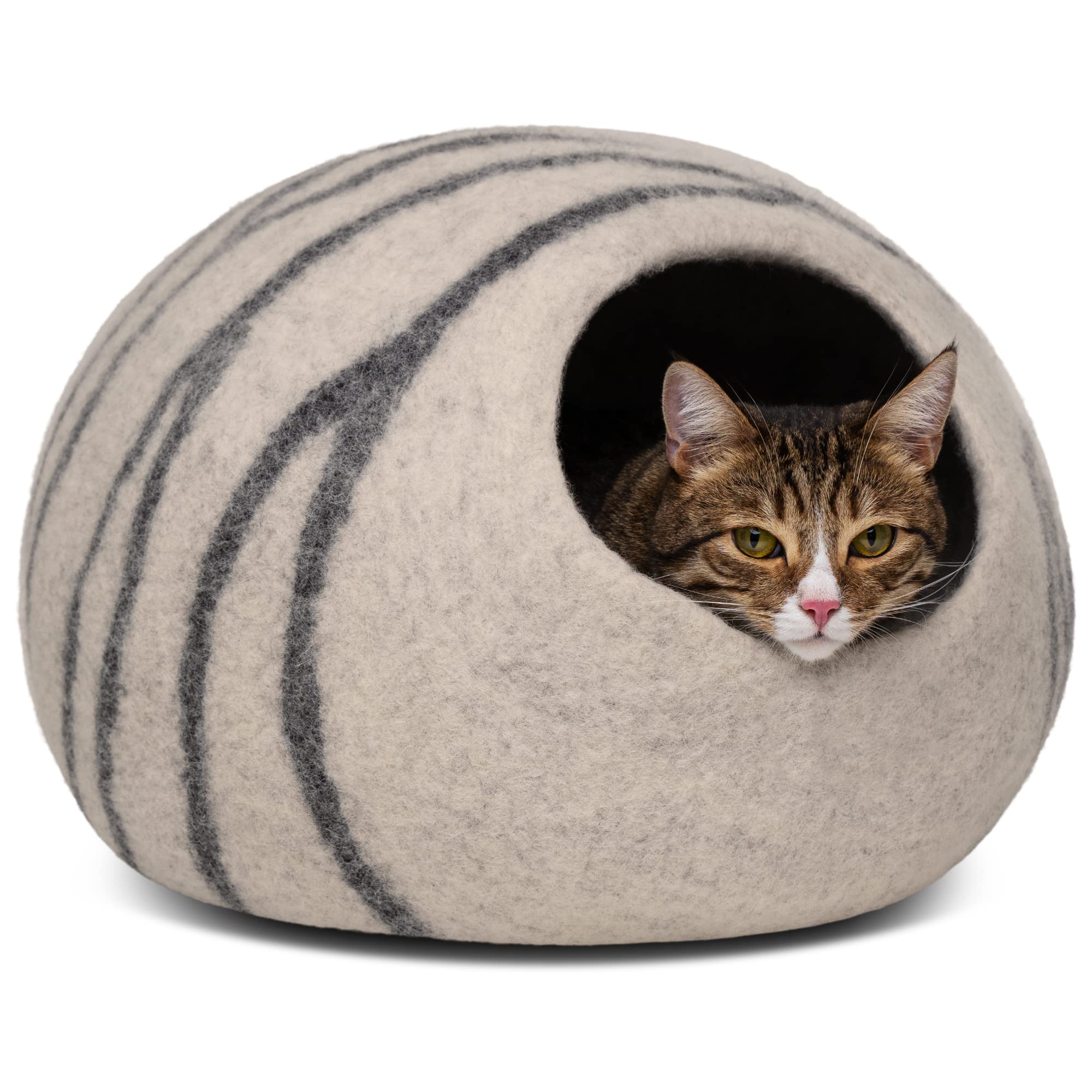 Premium Felt Cat Bed Cave & Wool Ball Toys Bundle - Light Grey Large Cat Cave with 6-Pack Toys for Indoor Cats - Cozy Sleeping & Playtime Combo for Kittens & Adult Cats