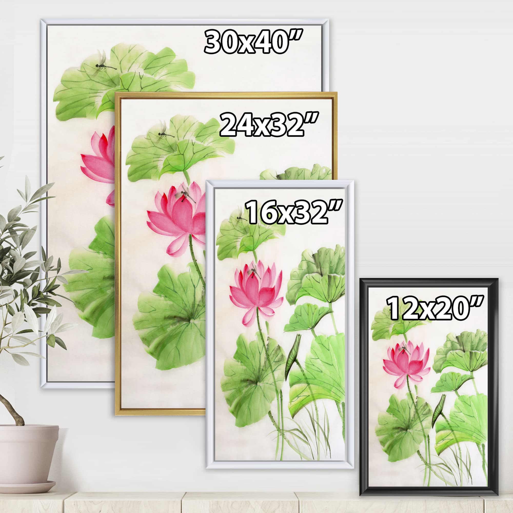 Lotus and Dragonfly Framed Canvas Wall Art - Traditional Asian Home Decor for Living Room, Bedroom & Office