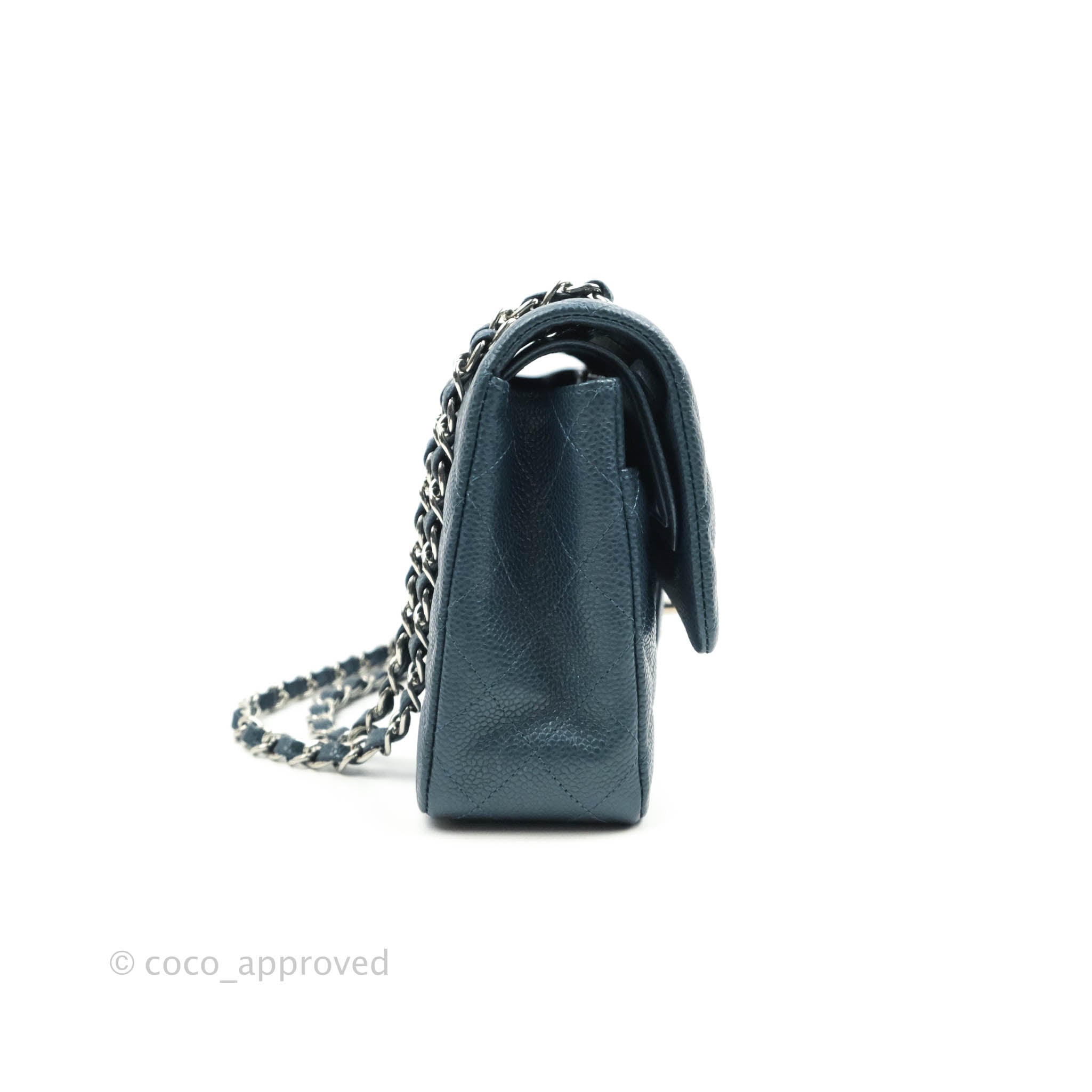 Chanel Classic M/L Medium Double Flap Bag in Pearly Blue Caviar Leather with Silver Hardware - Luxury Handbag for Women, Perfect for Parties, Work & Everyday Use
