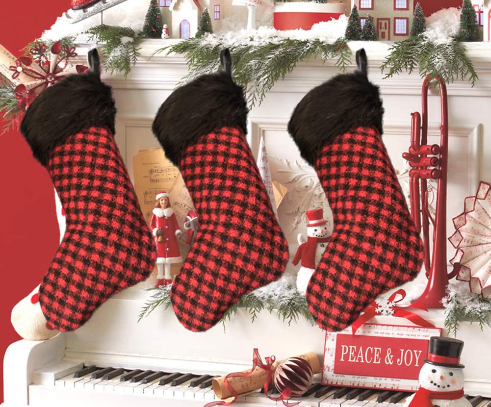 AISENO 3-Pack 20-Inch Black & Red Plaid Christmas Stockings with Faux Fur Trim - Holiday Decor, Candy Gift Bags for Fireplace Mantel, Tree Decorations & Festive Home Décor