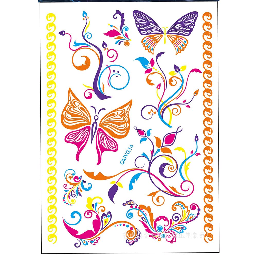 UV Reactive Neon Temporary Tattoos for Men & Women - Waterproof Fake Tattoo Stickers (21x15cm) with Plants & Butterfly Designs - Perfect for Festivals, Parties & Body Art Photography