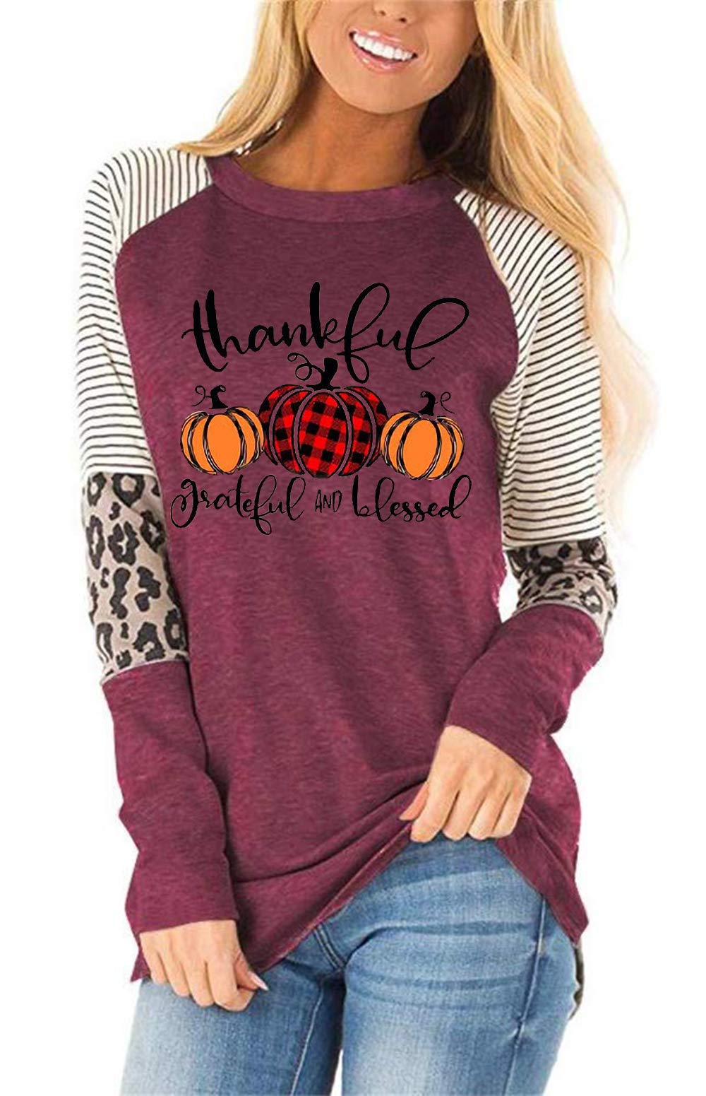 Thankful Grateful Blessed Women's Plaid Pumpkin Thanksgiving T-Shirt - Leopard Stripe Color Block Fall Tee for Autumn Gatherings & Holiday Parties