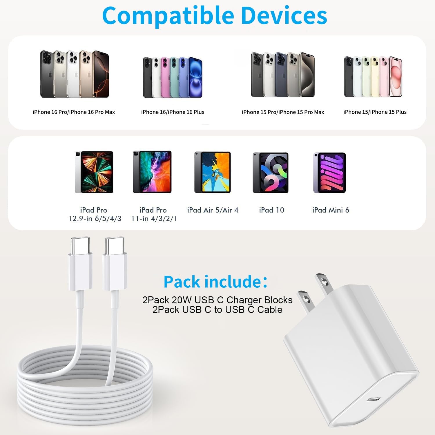 2-Pack 60W USB-C to USB-C Fast Charging Cable (10FT) & 20W USB-C Wall Charger - Compatible with iPhone 16/15 Series, iPad Pro/Air - Quick Charge for Travel, Home & Office Use