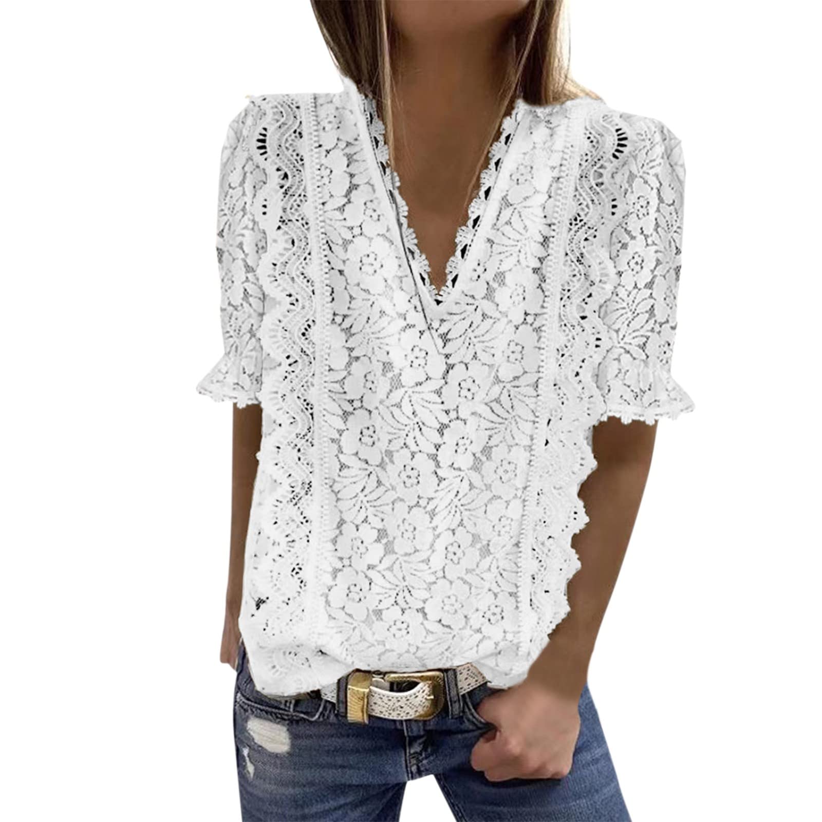 iOPQO Women's Lace V-Neck Tunic Tank Top - Short Sleeve Casual Blouse for Women (White, Medium) | Perfect for Office Wear, Summer Outfits & Everyday Fashion