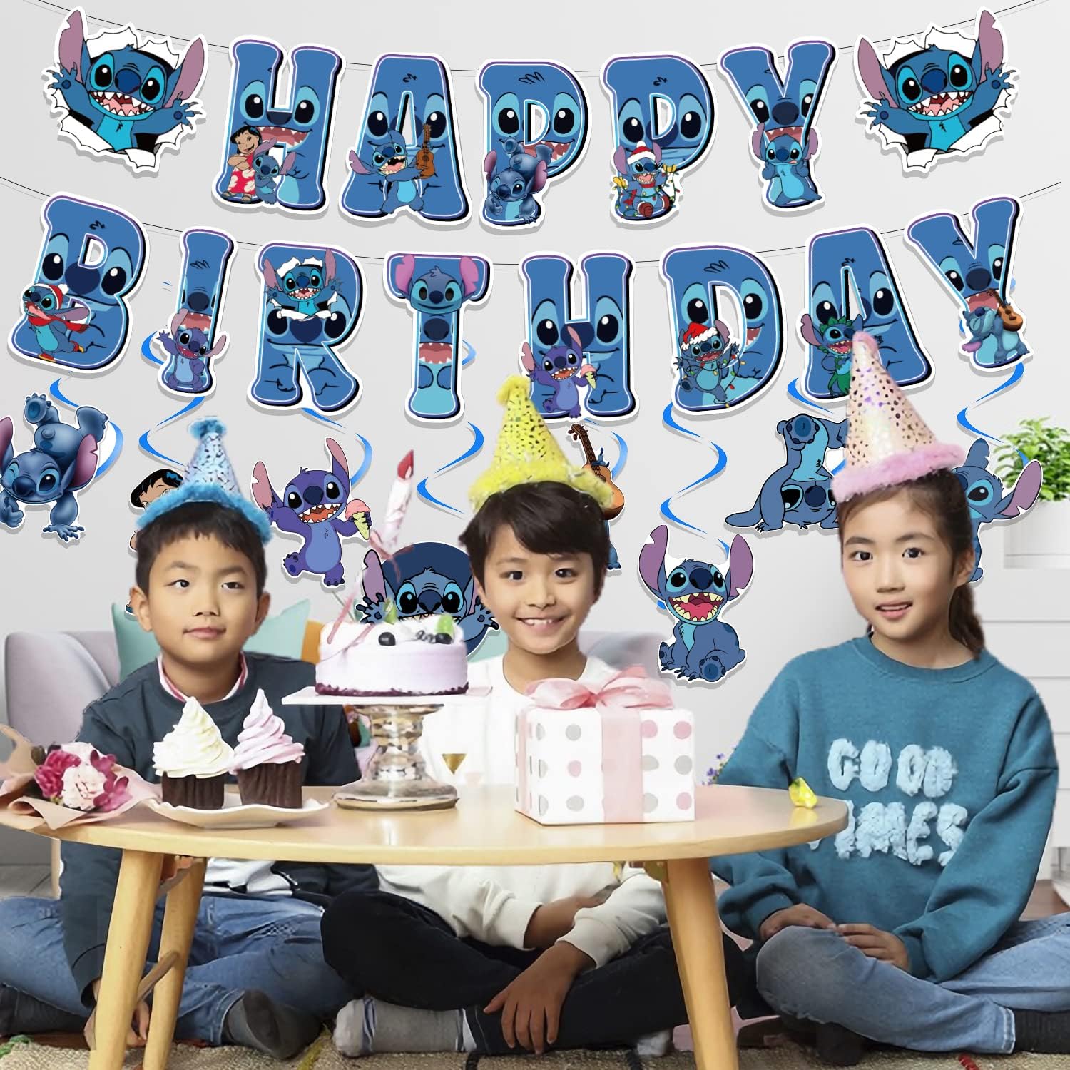 Stitch Birthday Party Decorations - Happy Birthday Banner with Hanging Swirls for Disney Lilo & Stitch Themed Parties | Perfect for Kids Birthday Decor, Baby Showers & Disney Themed Events