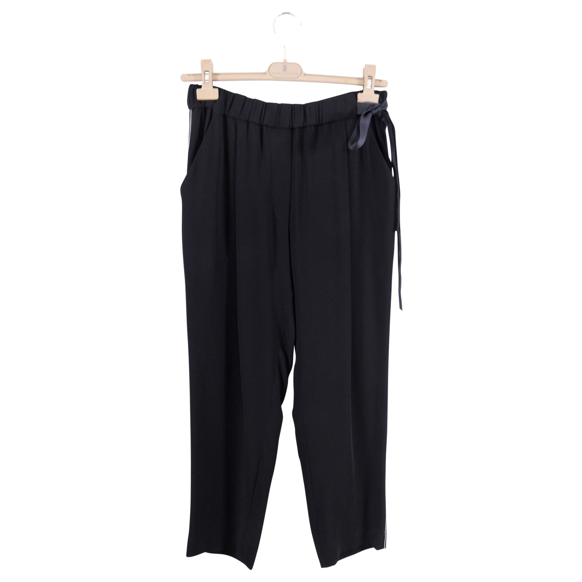Brunello Cucinelli Black Rayon Pants with Ribbon Tie & Monili Detailing - Size S (4) | Elegant Women's Dress Pants for Office, Evening & Special Occasions