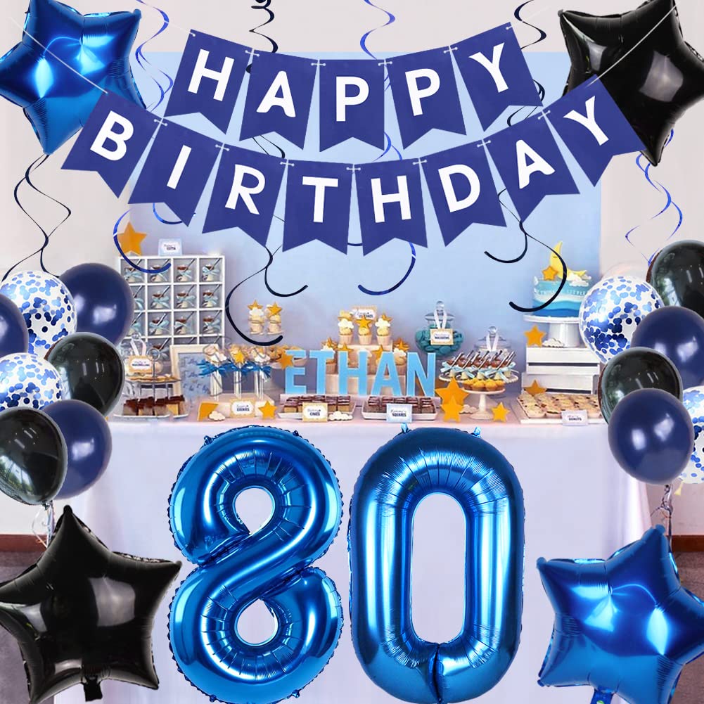 80th Birthday Party Decorations for Men - Blue Happy Birthday Banner, Number 80 Foil Balloon & Backdrop Set - Perfect for 80th Anniversary Celebrations, Milestone Birthday Parties & Retirement Decorations