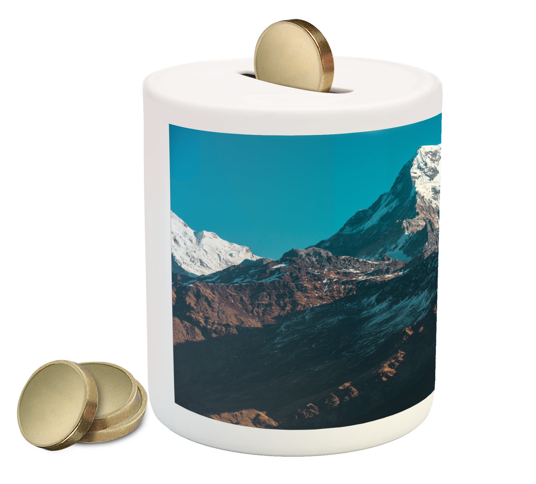 Himalayan Mountain Piggy Bank - Printed Ceramic Coin Bank for Cash Savings | Nepal Snowy Peak Landscape Design | White Blue Brown Money Box for Kids & Adults | Perfect for Home Decor, Gift Giving & Financial Education