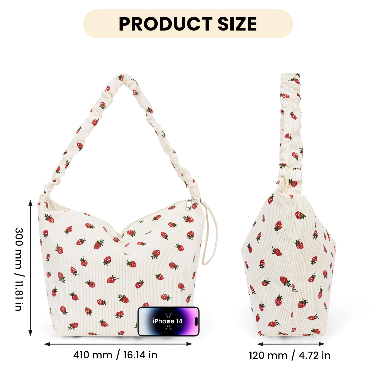 Strawberry Print Corduroy Tote Bag for Women - Cute Zippered Shoulder Purse, Aesthetic Hobo Bag | Perfect for Work, Shopping & Daily Use
