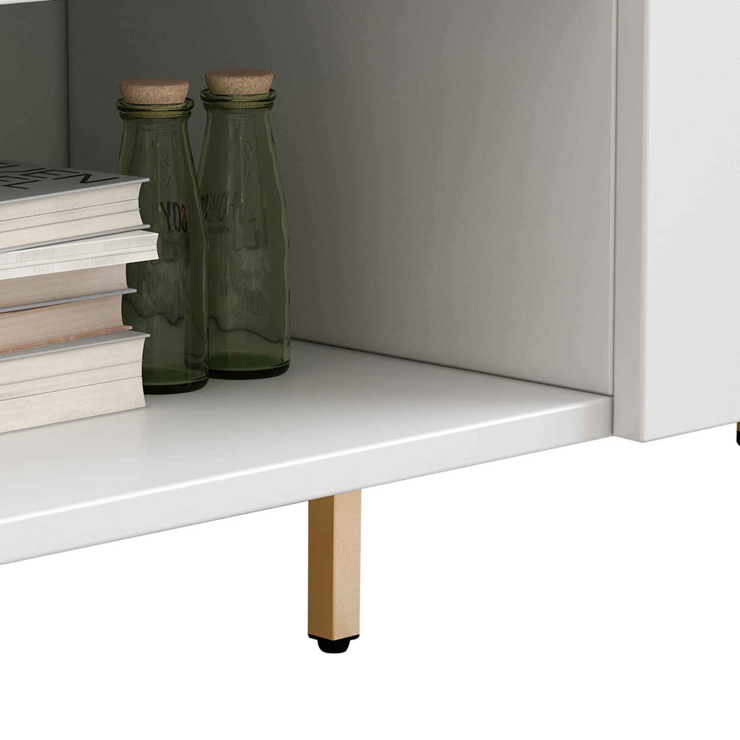 Homsee 75 Inch Modern TV Stand with 2 Doors & 2 Open Shelves - Gold Metal Legs Entertainment Center Console Table for Living Room & Bedroom - White (69”L x 15.6”W x 22.4”H) - Perfect for Home Theater Setup & Stylish Living Space Organization