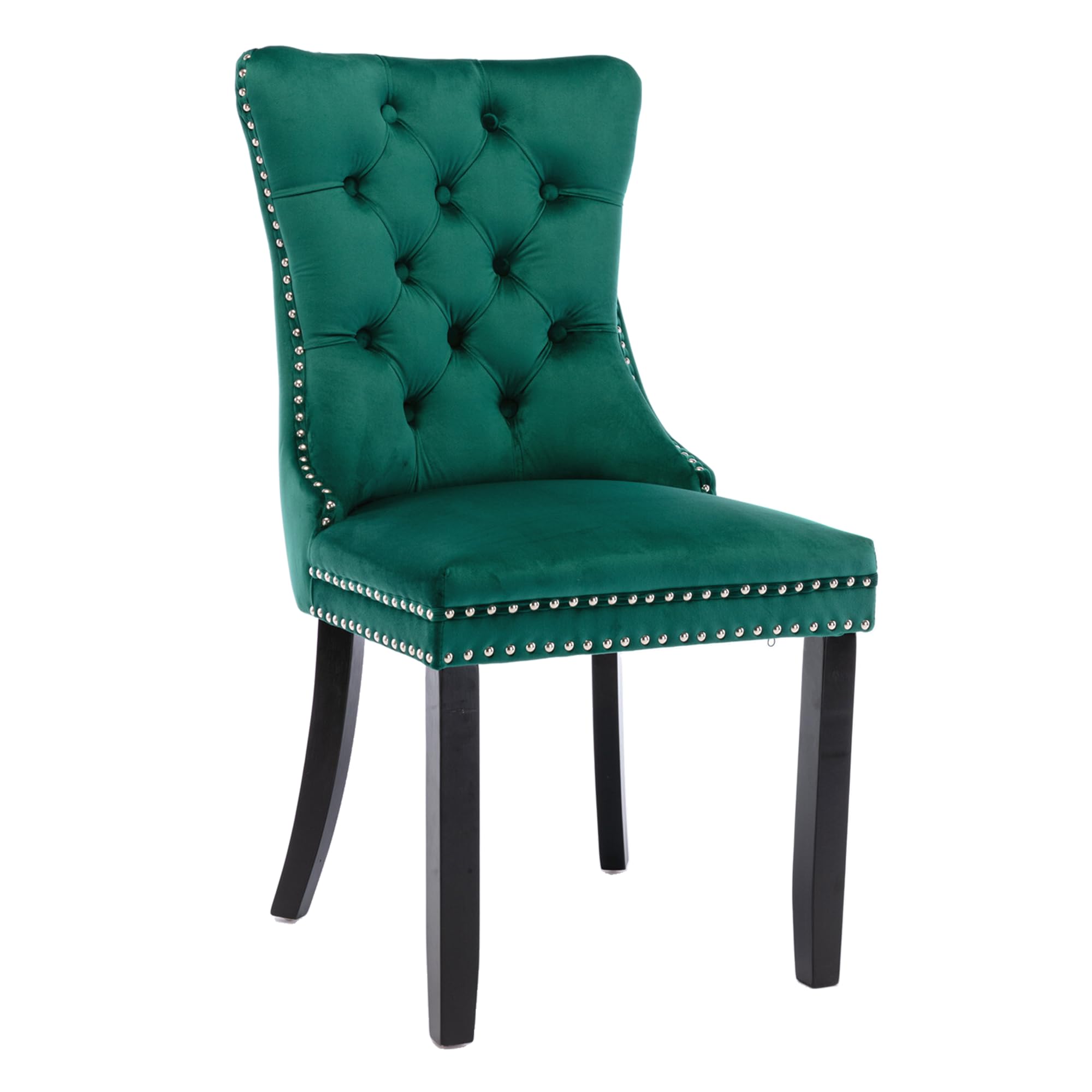 Rhomtree Set of 2 Velvet Dining Chairs - Luxury Tufted Back with Nailhead Trim, Solid Rubber Wood Legs - Emerald Green Accent Chairs for Kitchen, Dining Room & Home Decor