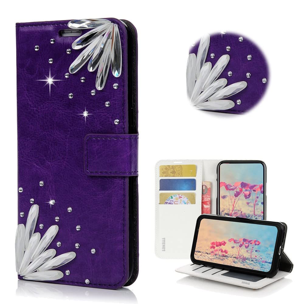 STENES Bling Wallet Case for Samsung S21 Plus - 3D Stones Design, Magnetic Stand - Purple for Daily Use & Travel