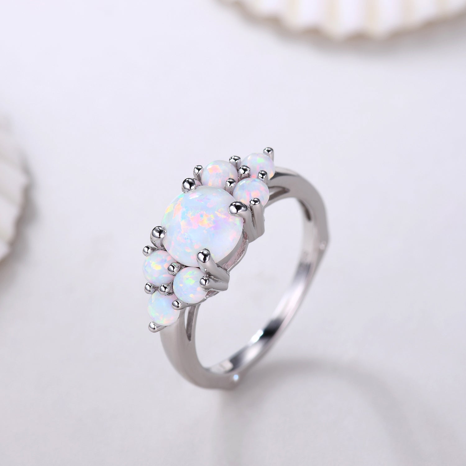 7mm Round White Opal Engagement Ring in 14K White Gold with Diamond Accents - Elegant Wedding Band, Promise Ring & Anniversary Gift for Her
