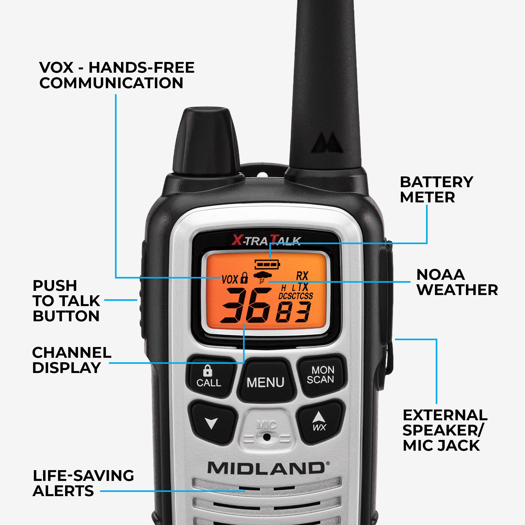 Midland LXT600VP4 2-Pack Portable Two-Way Radios with Headset - 30 Mile Range FRS Walkie-Talkies with NOAA Weather Alerts - Ideal for Family Outdoors, Hiking, Camping, and Restaurant/Cafe Staff Communication