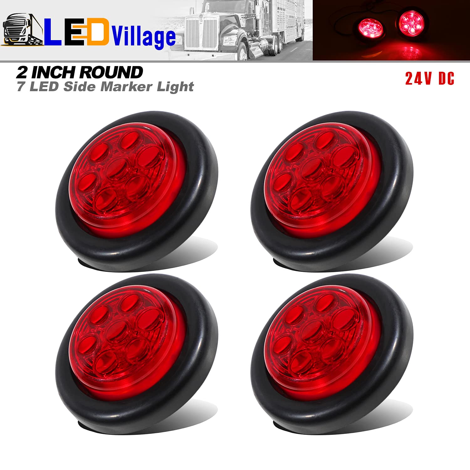 4 Pack 2 Inch Red Round LED Clearance Marker Lights - 24V DC Flush Mount with Black Grommets for Pickup Trucks & Trailers - Perfect for Side Marker, Safety Lighting, and Vehicle Visibility Enhancement