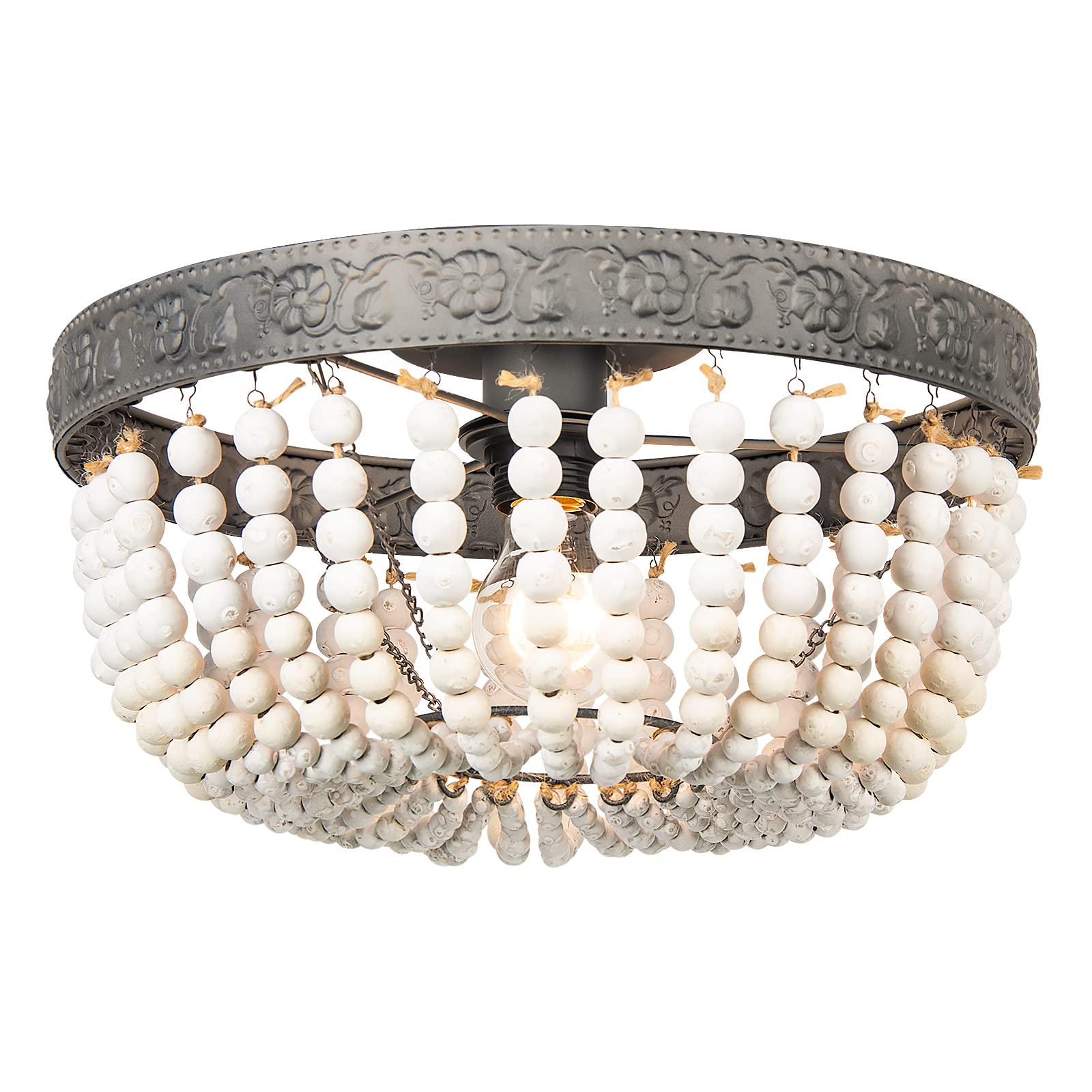 Boho Farmhouse Wood Beaded Chandelier - Rustic Oak White 1-Light Semi Flush Mount Ceiling Light Fixture for Hallway, Nursery, Bedroom, Kitchen & Living Room - Perfect for Island Lighting and Cozy Home Decor