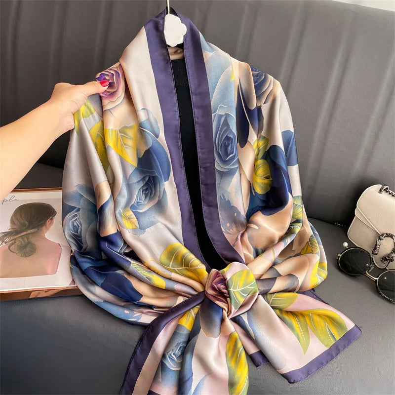 Luxury 180x90cm Women's Silk Scarf - Elegant Beach Shawl, Bandana, Foulard & Muffler for Women - Perfect for Travel, Parties & Fashion Accessories