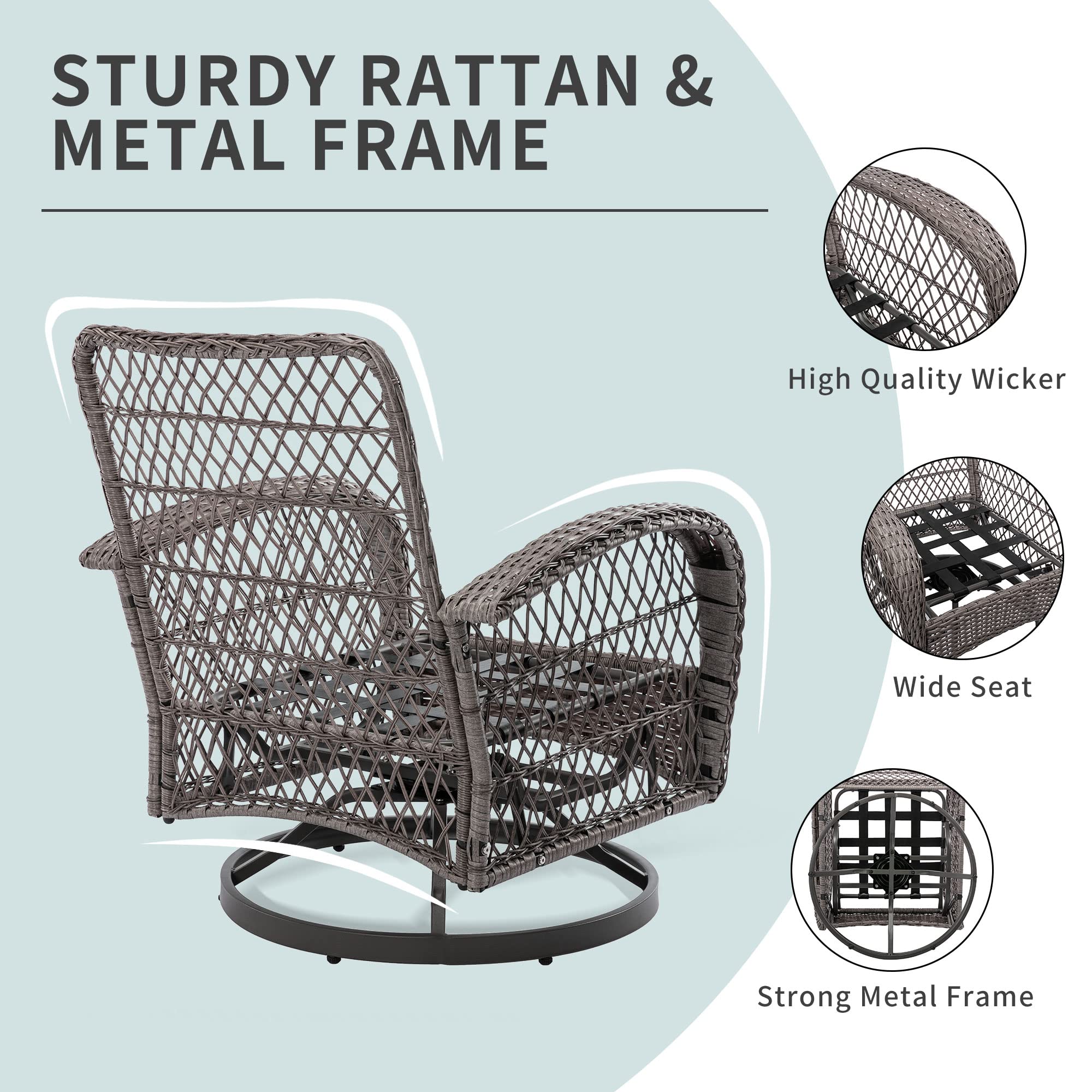 HOMEFUN 3-Piece Outdoor Swivel Rocker Patio Set - 360 Degree Rotating Wicker Bistro Chairs with Cushions & Coffee Table - Perfect for Garden, Balcony, and Backyard Relaxation