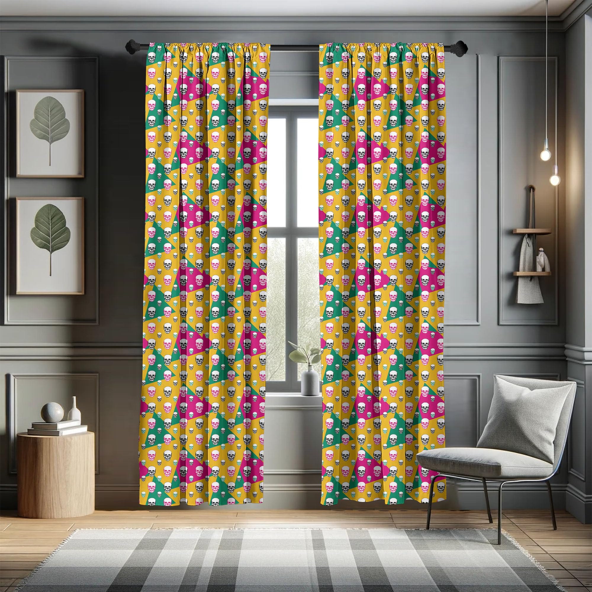 Ambesonne Skull Window Curtains - Gothic Head Bones Print on Geometric Triangle Pattern, Lightweight Blackout Drapes 2-Panel Set with Rod Pocket (28