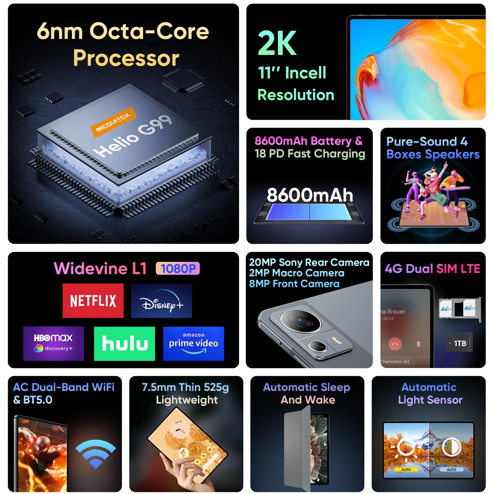 N-one Android 13 Tablet 11” 2K FHD Display | 16GB RAM 128GB Storage | Helio G99 Octa-Core | 1TB Expandable | 4G LTE SIM & GPS | 20MP Camera | 8600mAh Battery with Fast Charging | Perfect for Travel, Work & Kids Learning