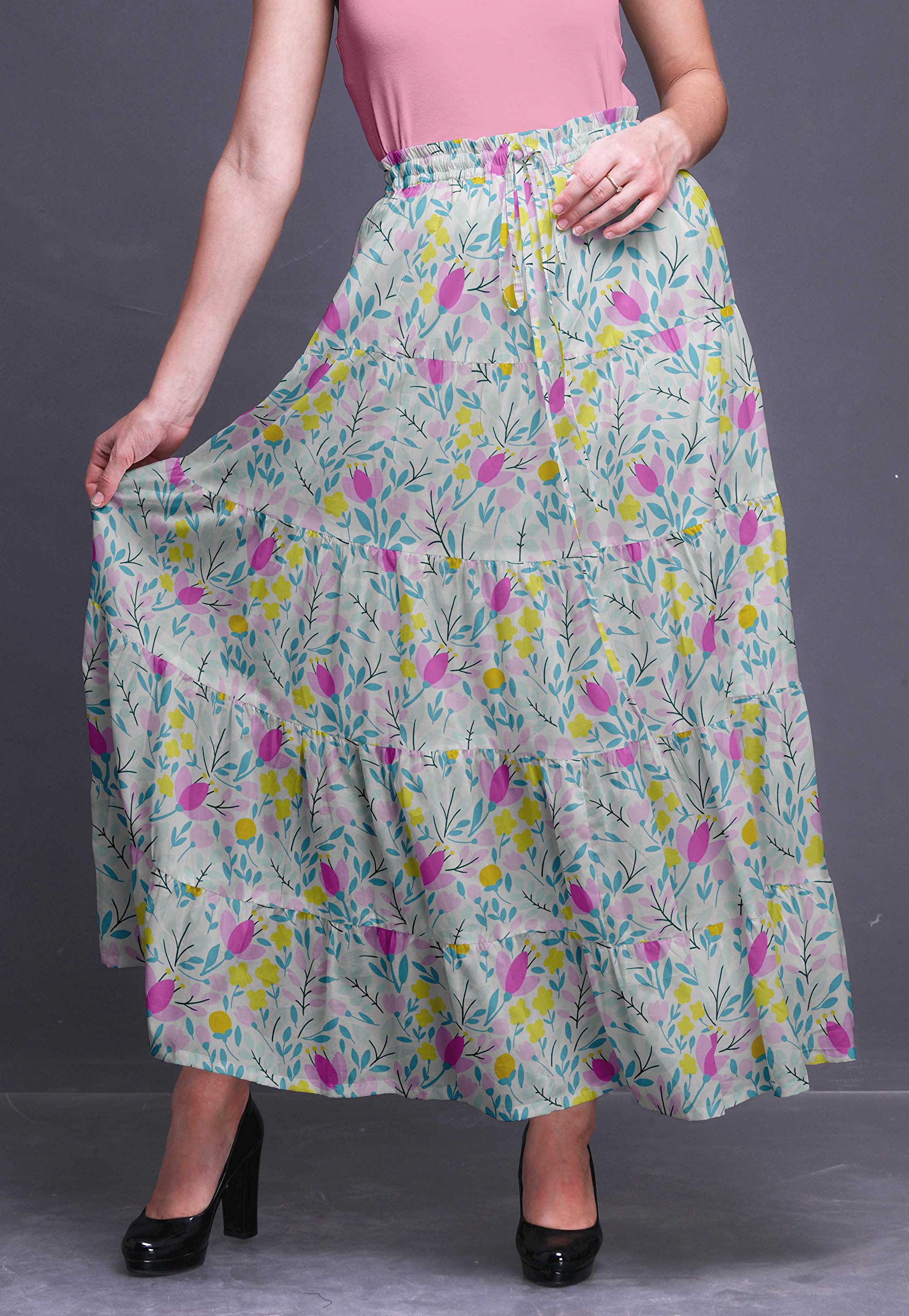 Boho Printed Long 5-Tier Cotton Skirt for Women | Flowy Maxi Skirt with Elastic Waist | Perfect for Beach, Festival & Summer Outfits