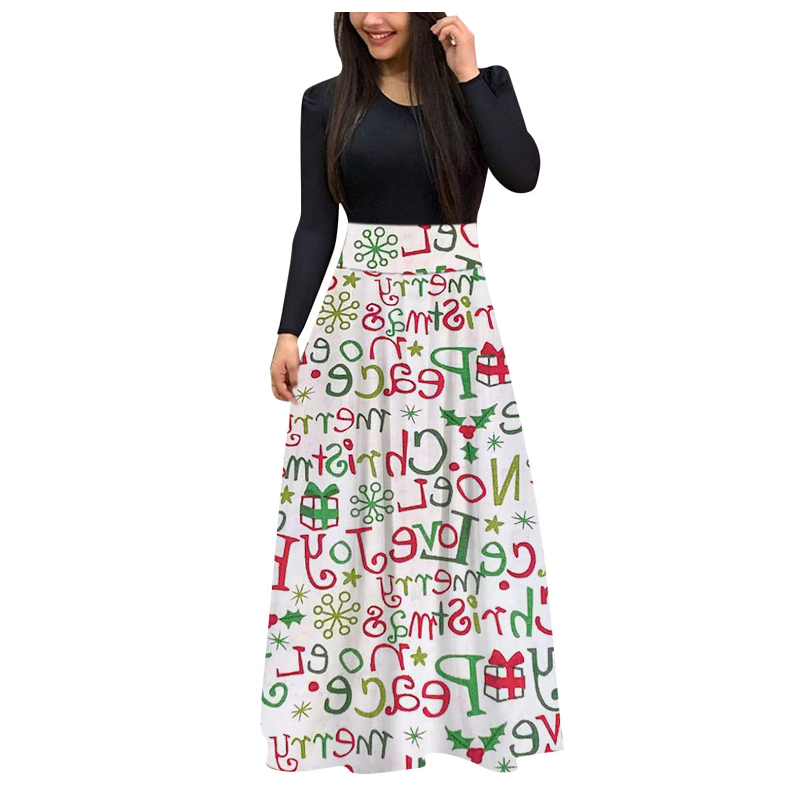 Elegant Pink Christmas Maxi Dress for Women - Floral Printed Long Sleeve Round Neck Ankle Length Casual Loose Fit Party Dress | Perfect for Holiday Gatherings, Christmas Parties & Winter Events