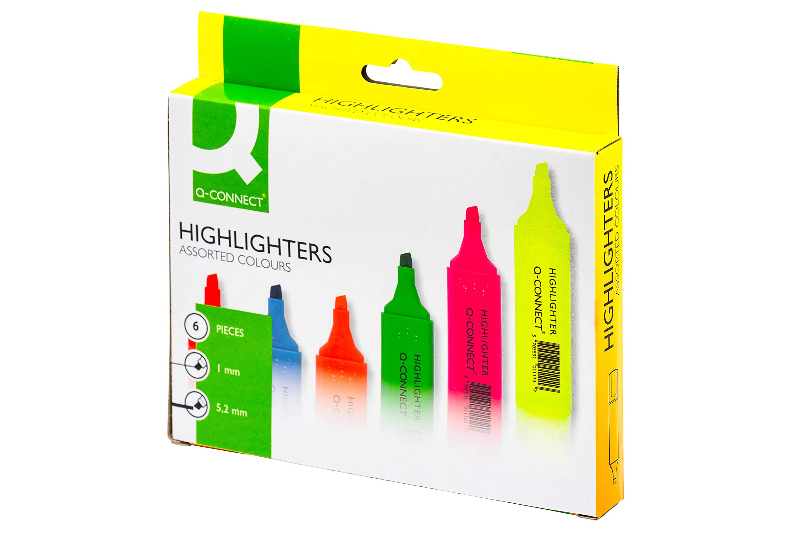 Q-Connect Highlighter Pens KF01909 - 6 Pack Assorted Colors for School, Office & Study Notes | Bright, Long-Lasting Fluorescent Markers