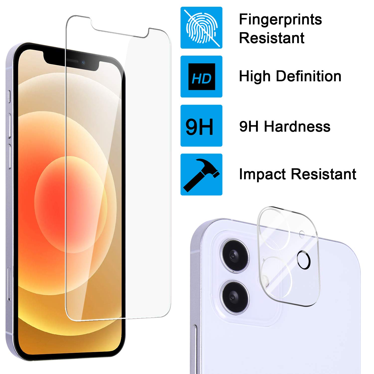 Wisdompro 3 Pack Tempered Glass Screen Protector and 3 Pack Camera Lens Protector for iPhone 12 (6.1 inch) - HD Clear, Anti-Scratch, Bubble-Free - Perfect for Daily Use, Travel, and Outdoor Activities