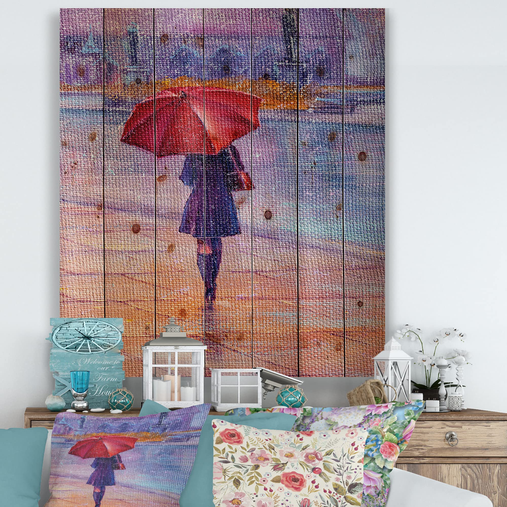 French Country Red Umbrella Wall Art - Rain Scene on Pine Wood for Home Decor