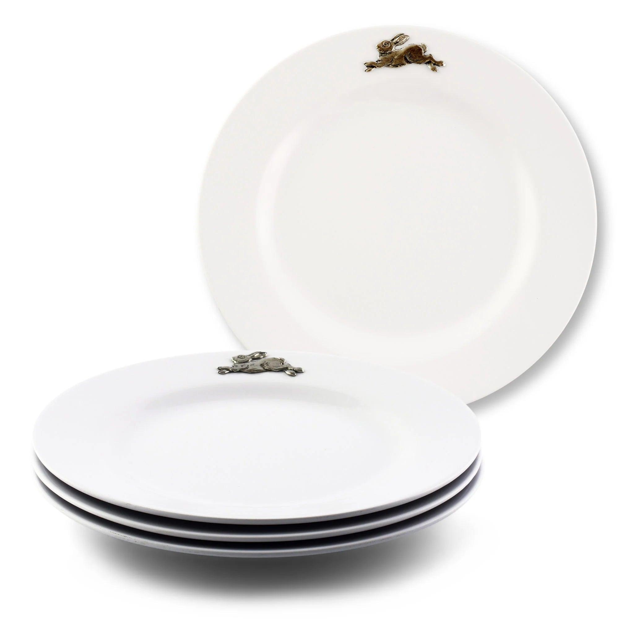 Premium White Melamine Dinner Plates Set of 10 with Elegant Pewter Rabbit Design - Perfect for Easter, Wedding, and Holiday Table Settings