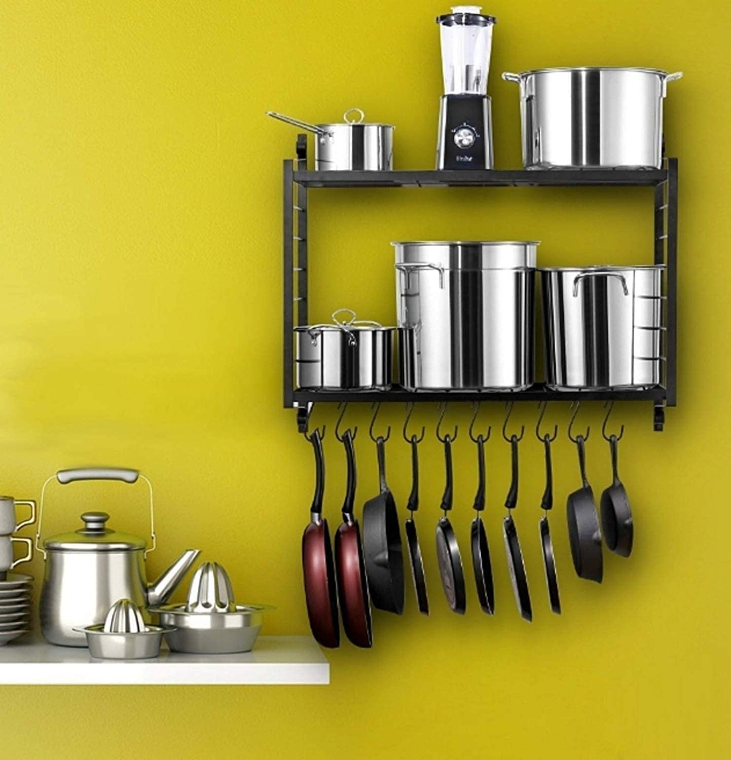 Space-Saving Wall-Mounted Pan Pot Rack with Hooks - Kitchen Organizer for Cookware Storage & Utensil Hanging | Retro Style Wall Decor for Small Kitchens & Apartment Cooking Spaces